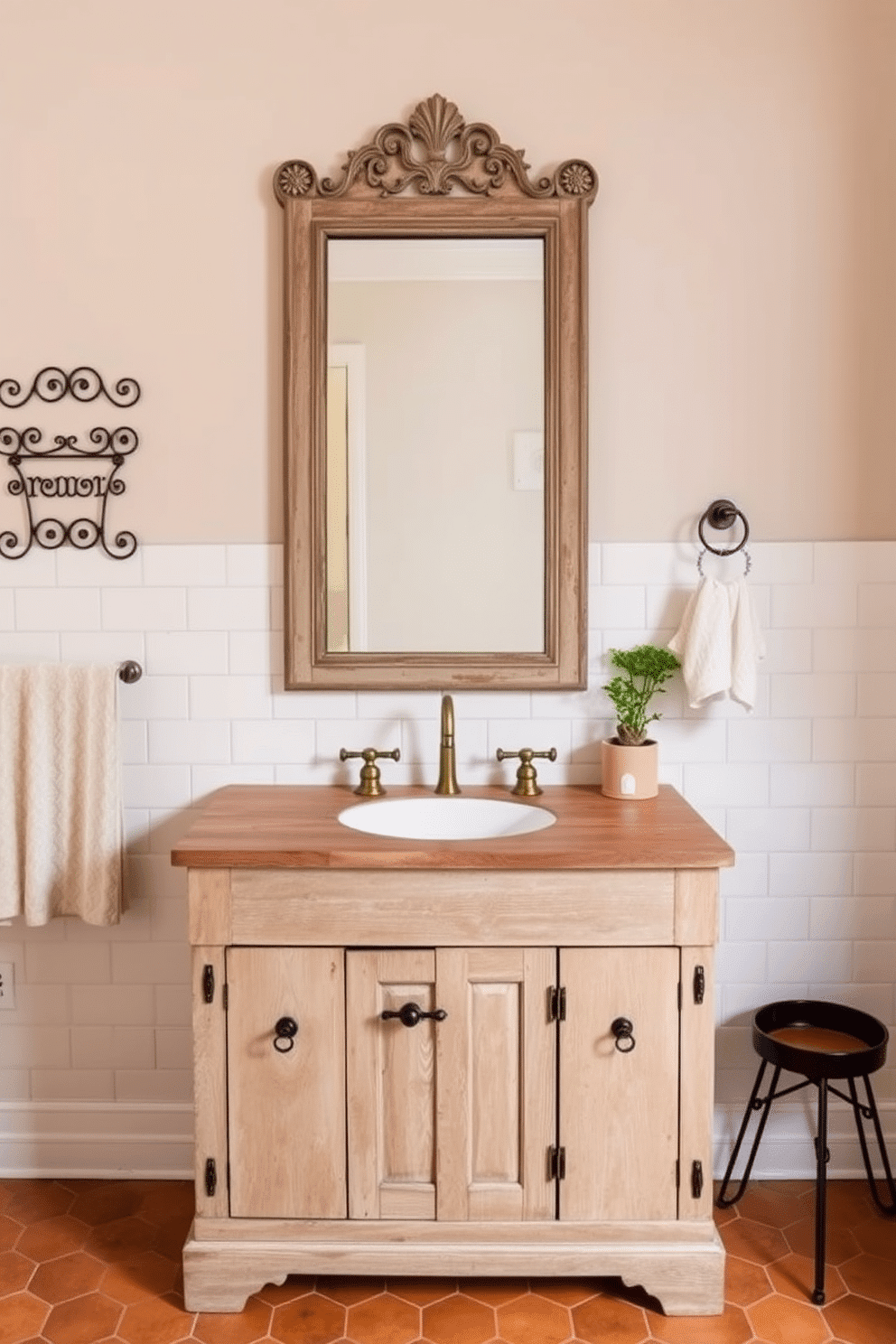 A charming vintage bathroom design showcasing a reclaimed wood vanity with a distressed finish, complemented by a weathered vintage mirror with intricate detailing. A single porcelain sink is centered on the vanity, with antique-style brass fixtures adding an elegant touch. The walls are adorned with pale cream subway tiles, while the floor features warm-toned hexagonal terracotta tiles. Rustic accents, like a wrought iron towel rack and a small potted plant, add personality to the space.