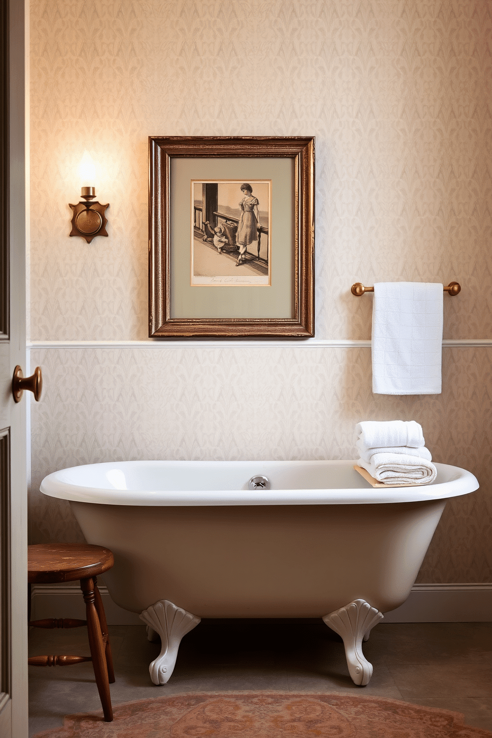 An elegant vintage bathroom exudes charm with its centerpiece: an aged-finish clawfoot tub in a soft, muted pastel shade, set against a backdrop of pale, textured wallpaper. Above the tub, a pair of artfully mismatched framed prints hang, their weathered edges hinting at a storied past. Nearby, a rustic wooden stool holds a stack of fresh white towels and a candle, adding warmth to the space. The room is softly lit by an antique metal wall sconce, casting a golden glow over the tub and art, completing the vintage, timeworn ambiance.