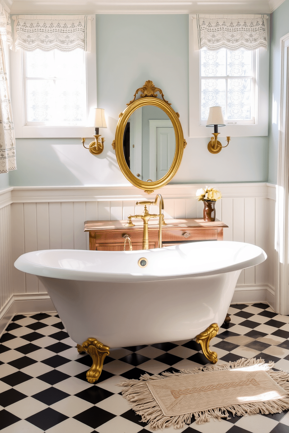 A freestanding porcelain tub with a rolled rim sits elegantly in the center of the bathroom, paired with a curved gold floor-mounted faucet. The tub rests on a black and white checkered floor, while soft natural light filters through lace-covered windows, adding a warm glow to the space. Antique brass sconces with frosted glass shades flank a vintage gilded mirror above a weathered wooden vanity. The walls are painted a delicate pastel blue, complemented by wainscoting, and a fringed rug is placed near the tub to complete the vintage charm.