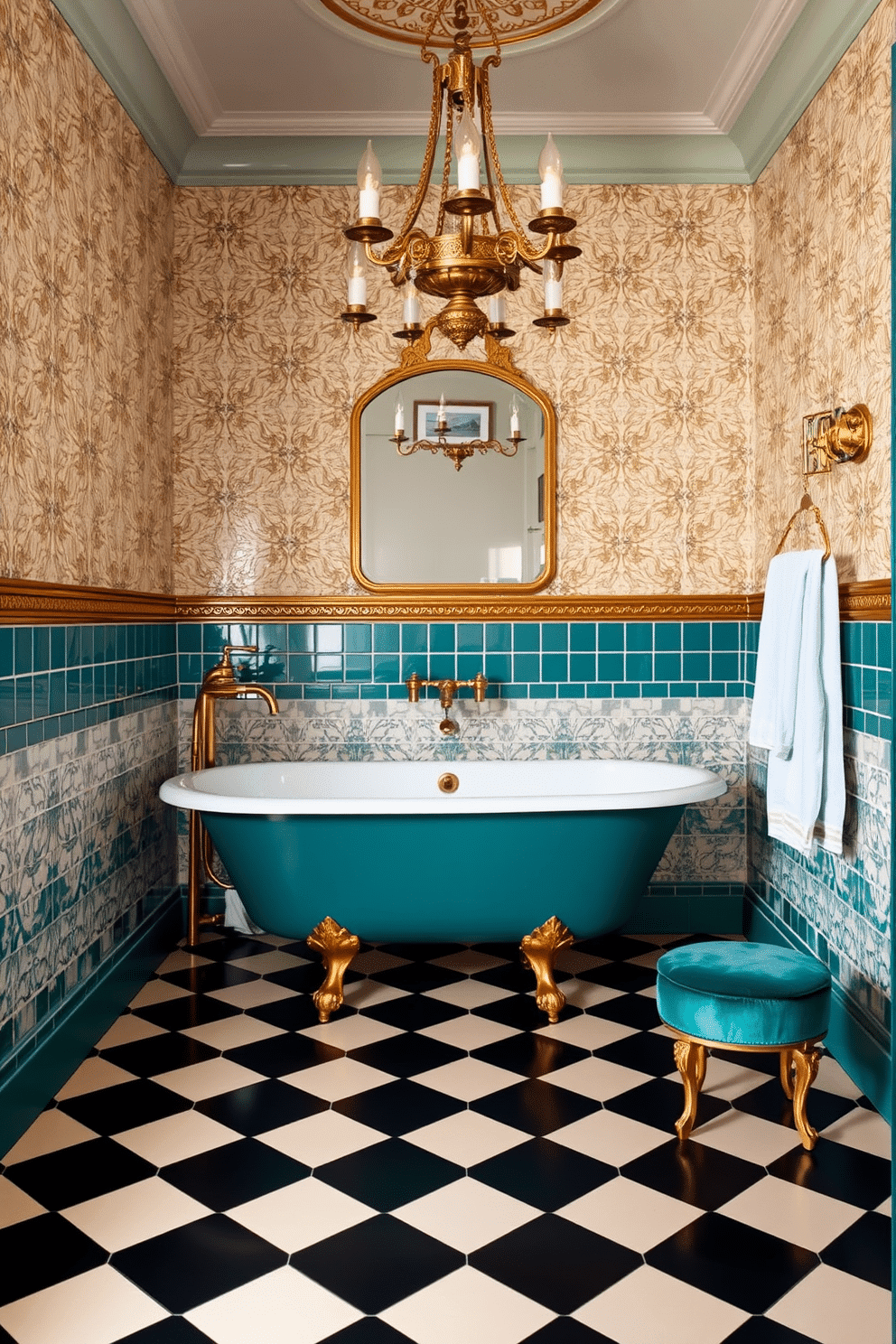 An opulent bathroom inspired by the Art Deco era. The walls feature intricate geometric patterns in shades of gold and white, complemented by rich teal tiles that line the lower half of the space. A freestanding clawfoot bathtub, painted in matte teal with golden feet, sits elegantly in the center of a black and cream checkered floor. A vintage brass chandelier hangs overhead, casting a warm glow over the space, while small teal velvet stools add a touch of luxury.