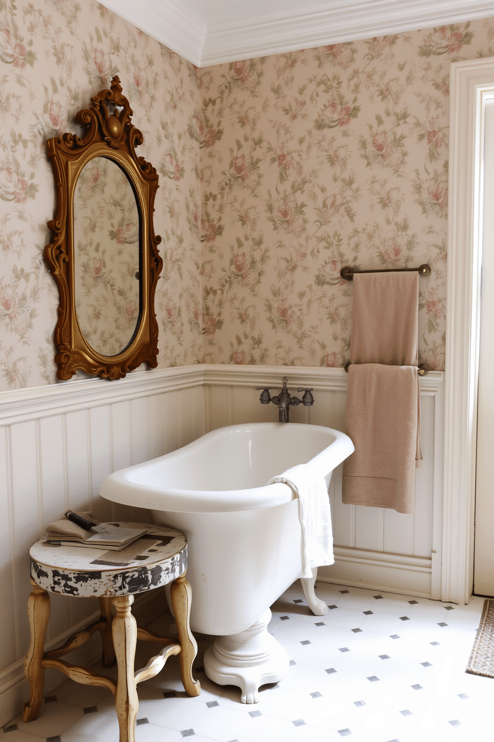 A vintage bathroom design featuring wainscoting walls painted in a soft ivory shade. The upper portion of the walls showcases a faded floral wallpaper with a muted pastel palette, evoking a sense of antiquated charm. The room is adorned with distressed antique decor, including a clawfoot bathtub with a weathered finish and an ornate gilded mirror above a porcelain pedestal sink. A well-worn wooden stool with peeling paint holds a stack of neatly folded linen towels, and a tarnished brass towel rack hangs delicately on the wainscoting.