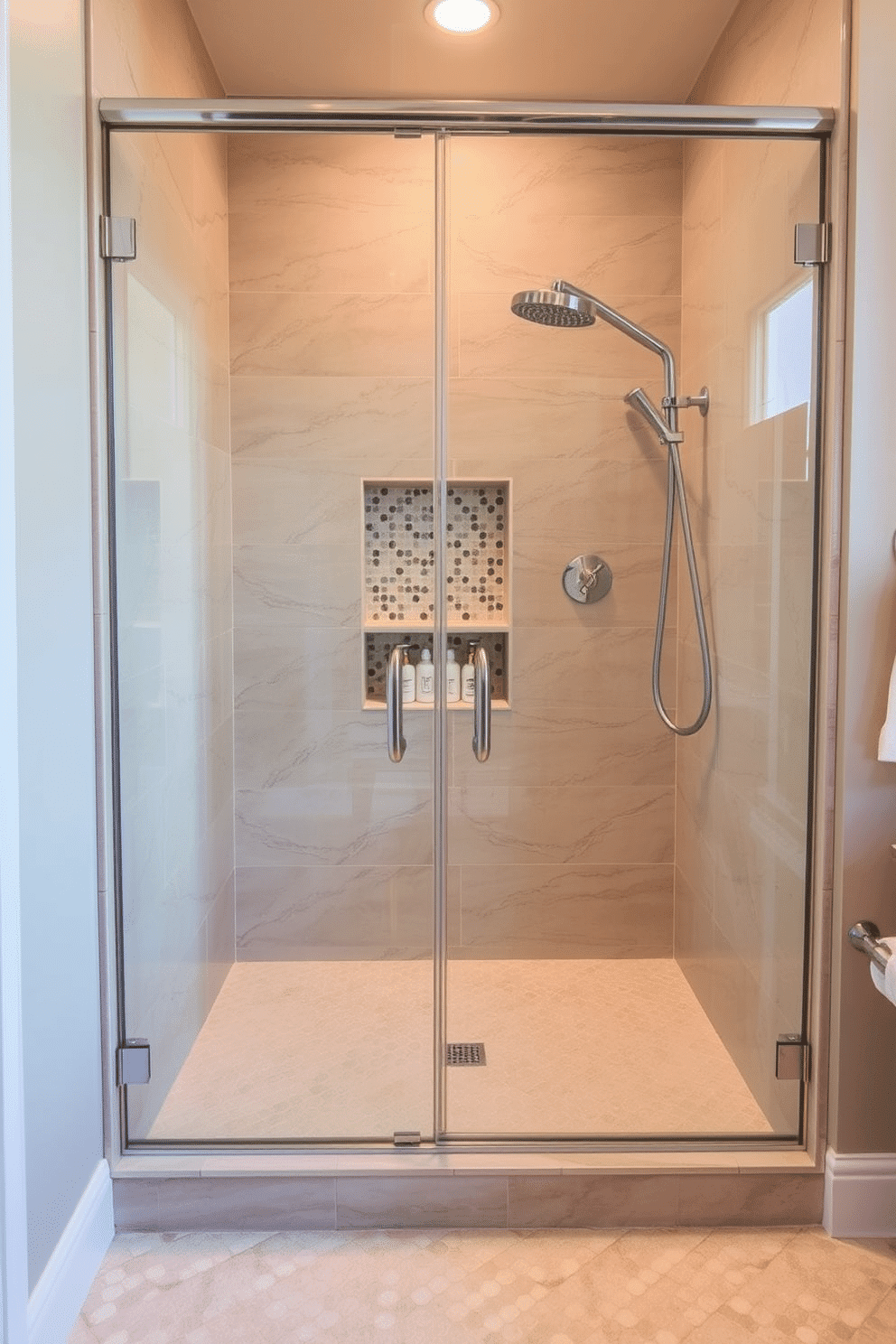 A spacious walk-in shower enclosed by pristine glass doors, featuring elegant stone tiles in a soft beige hue for a natural spa-like atmosphere. A built-in shower niche with accent tiles holds neatly arranged shower products, while a modern rainfall showerhead completes the luxurious design. The floor, adorned with small mosaic tiles for both texture and safety, seamlessly transitions to the rest of the bathroom. Soft, warm lighting paired with polished chrome fixtures enhances the overall ambiance, providing a soothing retreat for relaxation.