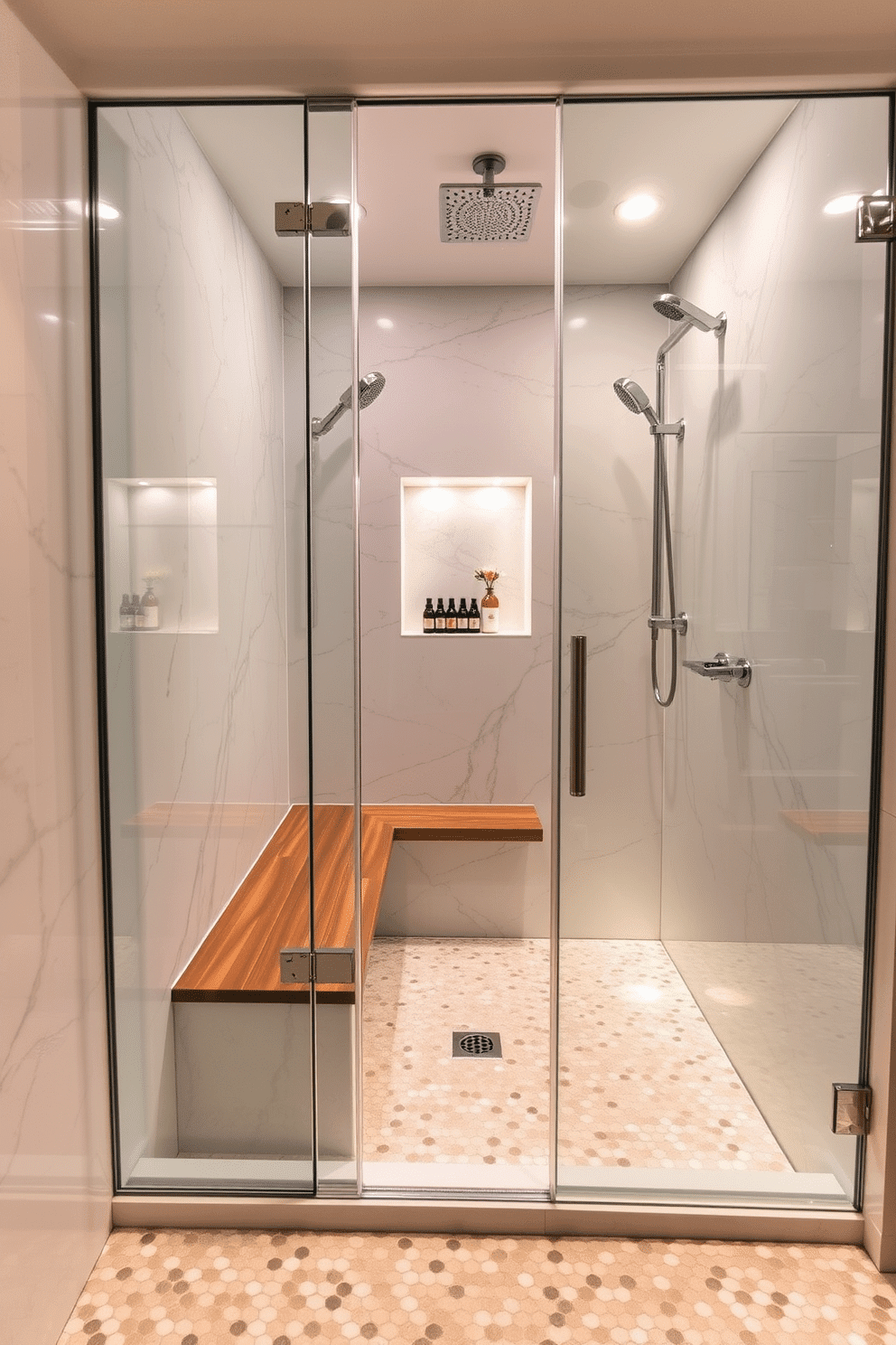 A luxurious walk-in steam shower setup with built-in aromatherapy, surrounded by sleek frameless glass panels for an open yet cozy ambiance. The shower walls are clad in large-format marble tiles, while the floor features slip-resistant mosaic tiles in soft neutral tones. Integrated seating in a rich teak wood finish enhances comfort, paired with concealed ambient lighting for a spa-like atmosphere. A recessed niche holds an array of essential oils, while chrome rain showerheads and brushed nickel fixtures complete the serene experience.