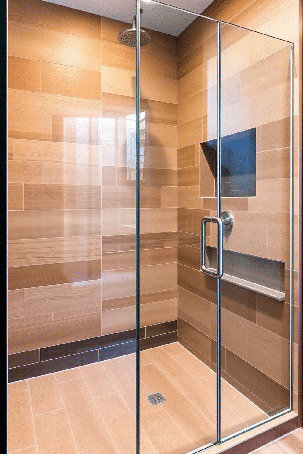 A serene walk-in shower design featuring textured ceramic tiles in warm earth tones, creating a spa-like ambiance. The shower walls showcase a mix of matte and glossy finishes, adding depth and subtle visual interest to the space. A frameless glass shower enclosure enhances the modern aesthetic, allowing the earthy hues of the tiles to take center stage. Accents like a built-in niche lined with darker tiles and a sleek rainfall showerhead complete the understated yet luxurious look.