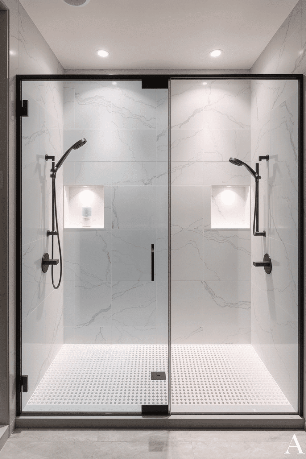 A luxurious walk-in shower designed for two, showcasing double showerheads for a harmonious shared experience. The walls are clad in large marble tiles with subtle veining, while the shower floor features small textured tiles for added grip. A sleek glass enclosure seamlessly separates the shower from the rest of the bathroom, creating an open and airy feel. Built-in niches with soft ambient lighting provide space for bath essentials, complemented by matte black fixtures for a modern touch.