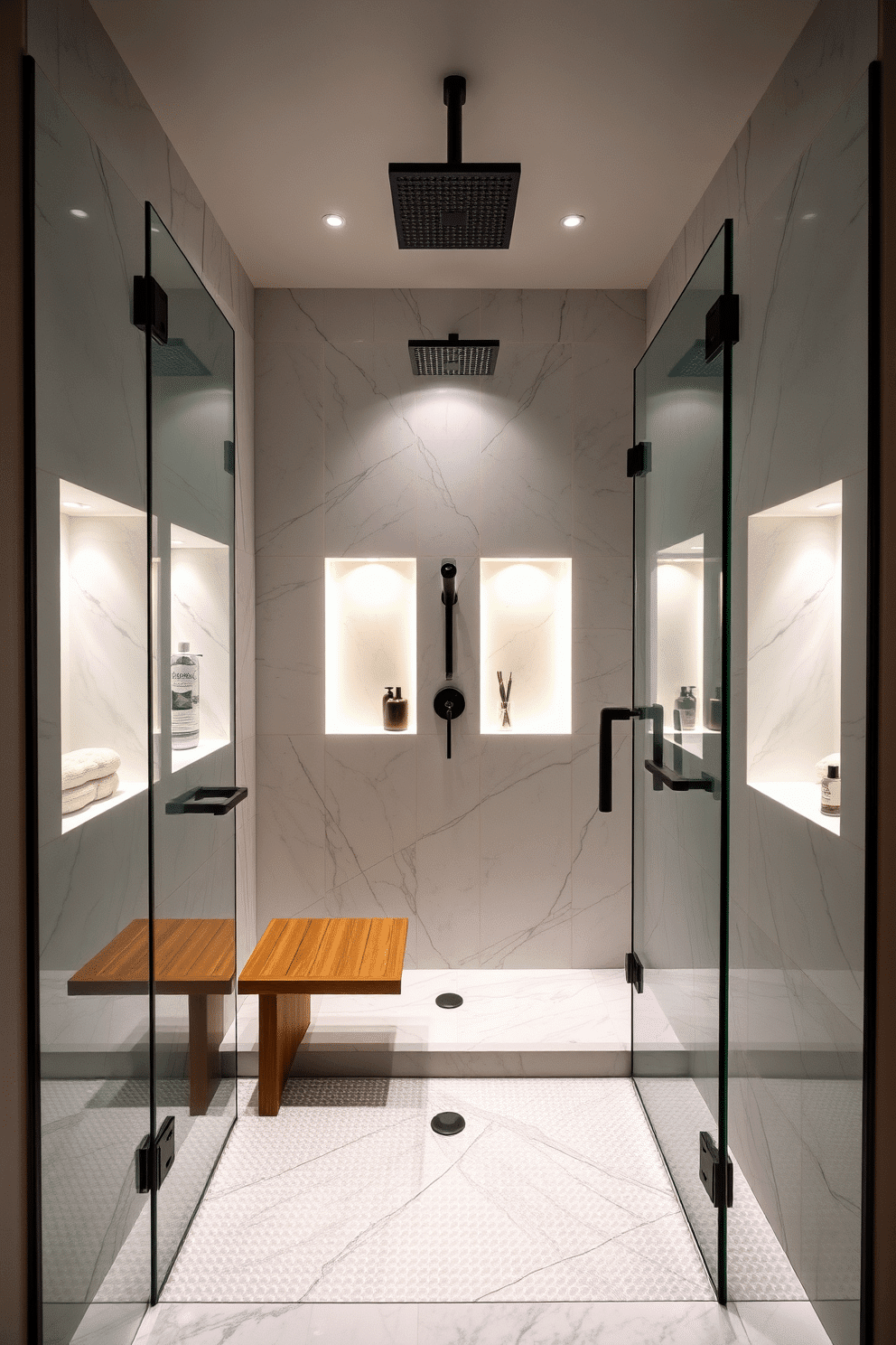 A luxurious walk-in shower featuring sleek glass doors and LED-lit niches that softly illuminate the space in a calming glow. The walls are covered in large-format marble tiles, while the niches hold neatly arranged bath essentials, creating both functionality and ambiance. A rainfall showerhead is complemented by matte black fixtures for a modern aesthetic, and a teakwood bench adds natural warmth. The floor is lined with textured porcelain tiles for safety and style, completing the elegant, spa-inspired design.