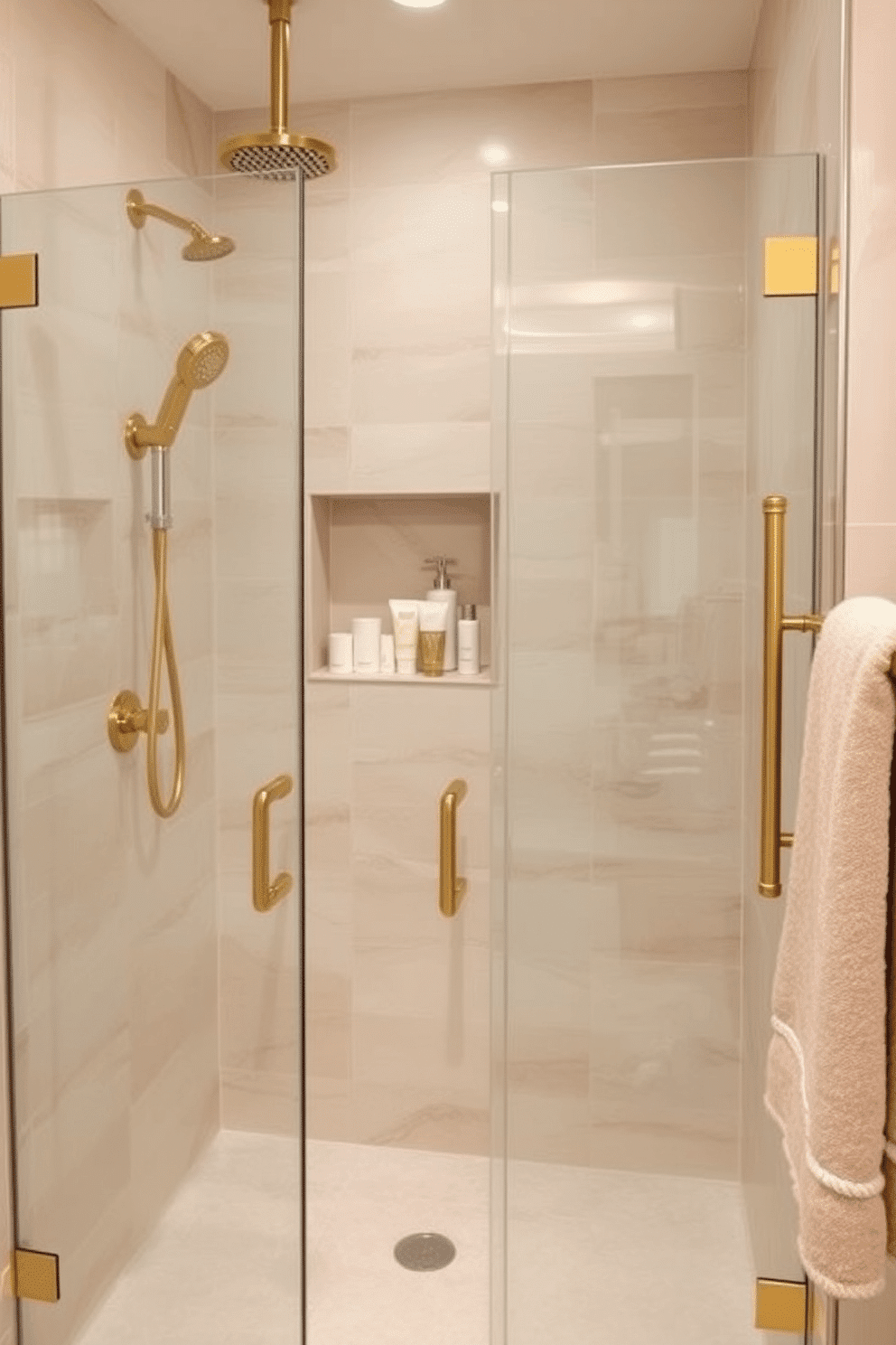 A walk-in shower bathroom exuding warmth and luxury, featuring neutral-toned tiles in soft beige and cream hues that create a serene atmosphere. Golden fixtures, including a rain shower head and sleek hardware, add a touch of opulence and contrast beautifully with the subtle tile palette. The shower area is enclosed by clear glass panels with slim golden trims, enhancing the sense of spaciousness and elegance. A built-in niche holds neatly arranged toiletries, while a plush beige towel is draped on a nearby golden towel rack for effortless sophistication.