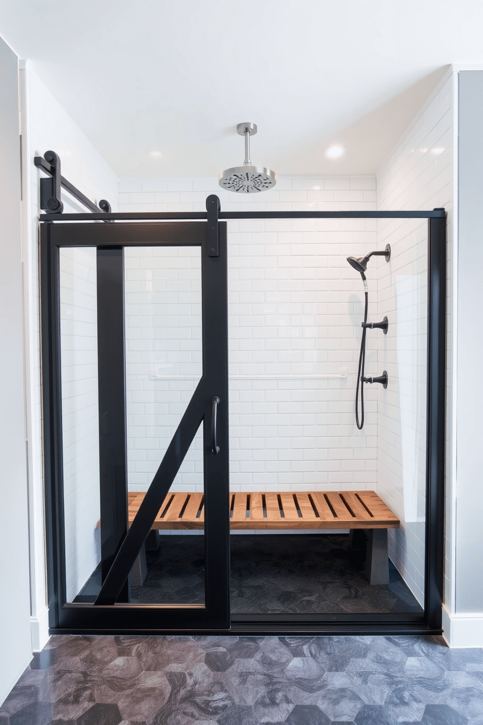 A modern and spacious walk-in shower with a sliding barn-style glass door featuring matte black frames. The shower interior is lined with large white subway tiles, contrasted by dark, slate-colored hexagonal floor tiles, creating a clean and striking ambiance. To the side of the shower, a rustic wooden bench rests against the wall, paired with minimalist black hooks to hang towels. Soft recessed lighting casts a warm glow across the space, complementing the sleek and contemporary design of the chrome rainfall showerhead.