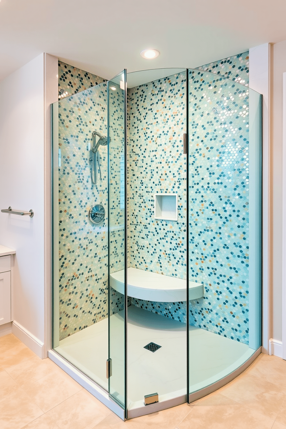 A luxurious bathroom showcasing a walk-in shower with a breathtaking mosaic tile accent wall as the focal point. The intricate tilework features a blend of soft blues, whites, and gold tones, creating an artistic statement behind a frameless glass shower enclosure. The shower includes sleek chrome fixtures and a built-in marble bench, adding both functionality and style. Soft recessed lighting highlights the shimmer of the mosaic tiles, while the floor is covered in large porcelain tiles in a neutral beige hue for a seamless, modern finish.