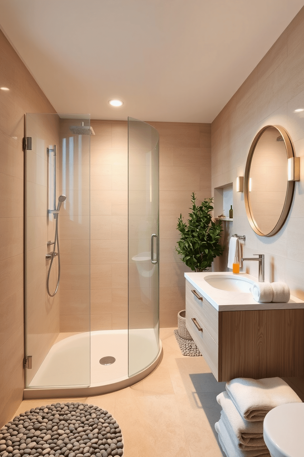 A serene bathroom design featuring a curved walk-in shower with no door, framed by softly tiled walls in warm neutral tones. The spacious shower area has a smooth pebble stone floor, complemented by a sleek rainfall showerhead. Adjacent to the shower, a light wood floating vanity with a quartz countertop provides functional elegance, paired with a circular mirror and soft wall lighting. Subtle greenery nearby enhances the tranquil atmosphere, while plush rolled towels are neatly stacked for added comfort.