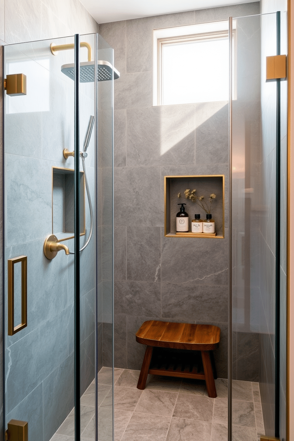 A serene walk-in shower design with bluestone tiles covering the walls and floor, creating a cohesive and tranquil atmosphere. Brushed brass fixtures, including a rainfall showerhead and sleek handles, add a touch of modern sophistication to the space. The shower is enclosed by seamless glass panels, allowing natural light to reflect gently off the bluestone surfaces. A built-in niche with brushed brass edging holds artisanal toiletries, while a wooden bench offers warmth and functionality to the luxurious setting.