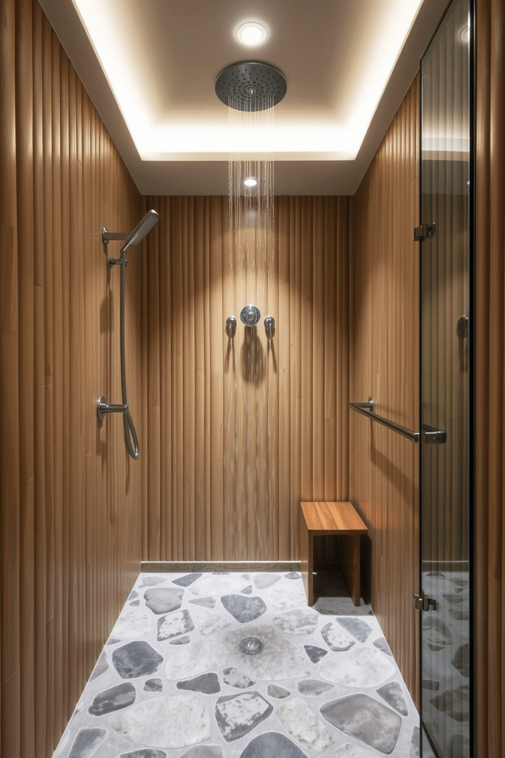 A serene walk-in shower designed with Zen inspiration. The walls are adorned with vertical bamboo paneling, creating a natural and tranquil atmosphere, while a rainfall showerhead adds to the spa-like experience. The shower floor features smooth river stones, offering an organic texture underfoot. Soft, warm recessed lighting highlights the earthy tones, and a simple teak bench sits in the corner, completing the minimalist space.