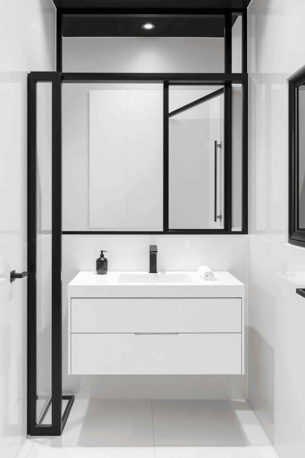 A sleek and minimalist bathroom with a walk-in, black-framed glass shower enclosure as the focal point. The floor and walls are clad in large-format white tiles, creating a crisp and clean backdrop for the black accents. A streamlined white floating vanity sits beneath a frameless rectangular mirror, with a matte black faucet providing sophisticated contrast. On the countertop, a single ceramic soap dispenser and a rolled white towel maintain the minimalist aesthetic.