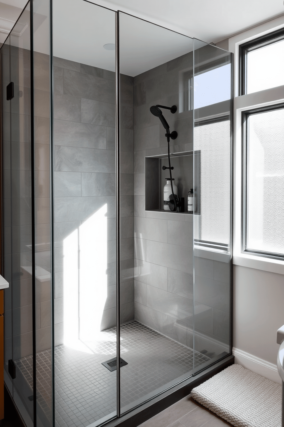 A spacious walk-in shower enclosed by seamless glass panels, highlighted by bold dark grout lines framing large square tiles in shades of gray. On the shower floor, smaller coordinating tiles add texture, while a wall-mounted rainfall showerhead is paired with sleek black fixtures. Adjacent to the shower, a built-in niche holds minimalist toiletries, bathed in soft natural light streaming from a nearby frosted window. The bathroom’s neutral palette is accented with warm wooden cabinetry and a soft, textured bathmat placed just outside the shower.