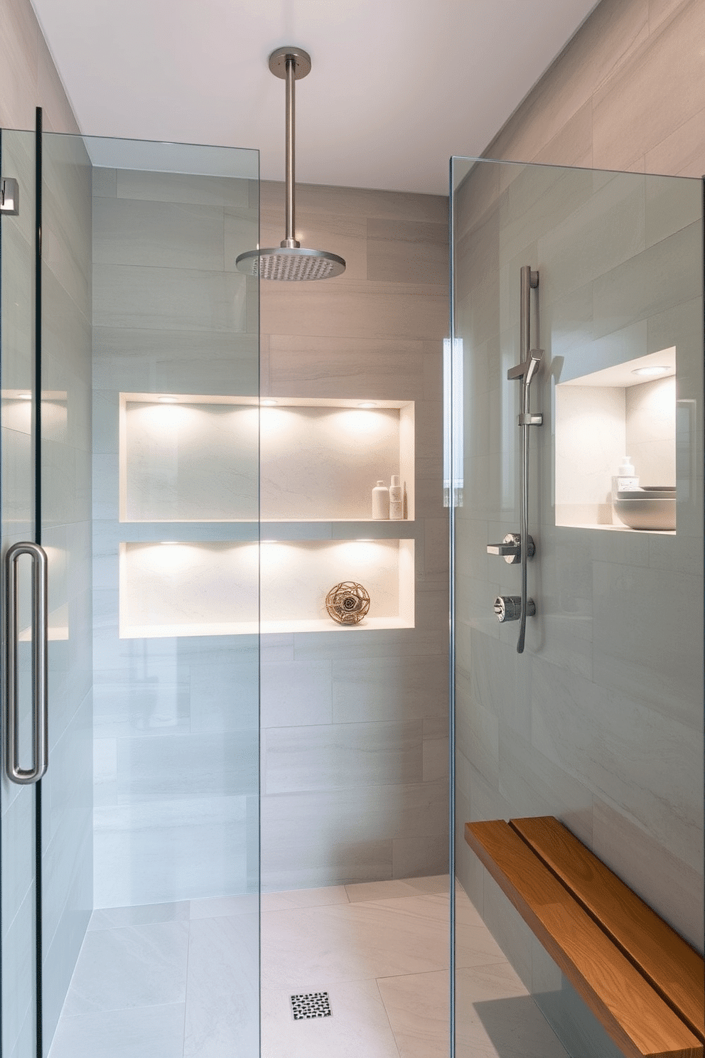A luxurious walk-in shower with integrated shelving built into the natural stone walls, offering both functionality and an organic aesthetic. The shower features a seamless glass enclosure, with light gray stone tiles and recessed niches for holding toiletries and decorative accents. The shelves are subtly illuminated with soft LED lighting, emphasizing the texture and beauty of the stone. A sleek rain shower head descends from the ceiling, while a wooden bench adds warmth and practicality to the spa-like design.