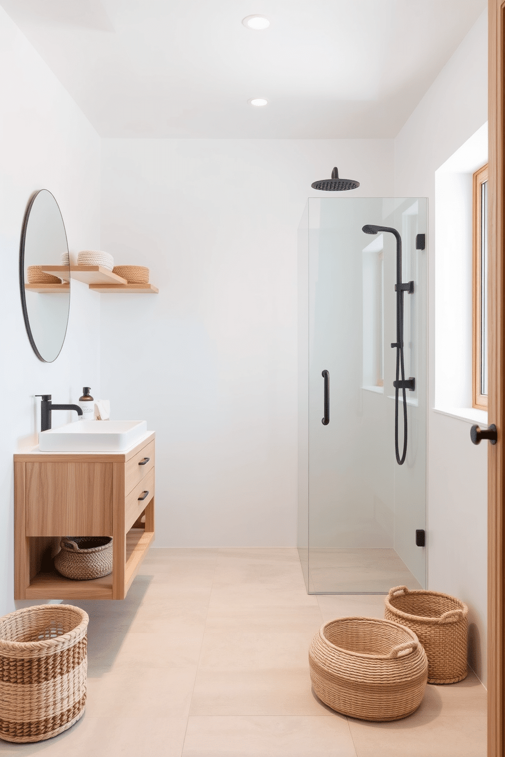 A serene and minimalistic bathroom inspired by Scandinavian design. Light wooden accents, such as a vanity and shelving, pair harmoniously with neutral-toned tiles and soft white walls to evoke a sense of calm and simplicity. The walk-in shower offers a frameless glass enclosure, maximizing an open and airy feel. Subtle details like a matte black rainfall showerhead, sleek fixtures, and woven baskets for storage add warmth and functionality to the space.