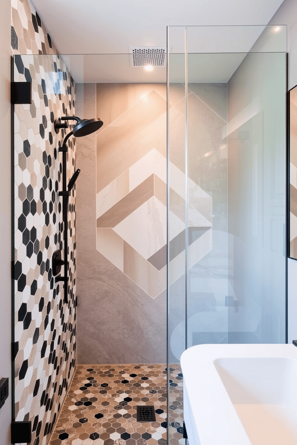 A contemporary walk-in shower bathroom showcasing geometric tile patterns. The shower walls are adorned with bold, contrasting tiles in hexagonal and triangular patterns, creating a striking statement. The main wall outside the shower acts as a focal point with a large-scale geometric mural in soft, earthy tones. This feature blends harmoniously with minimalist fixtures, a sleek frameless glass divider, and warm recessed lighting for added ambiance.