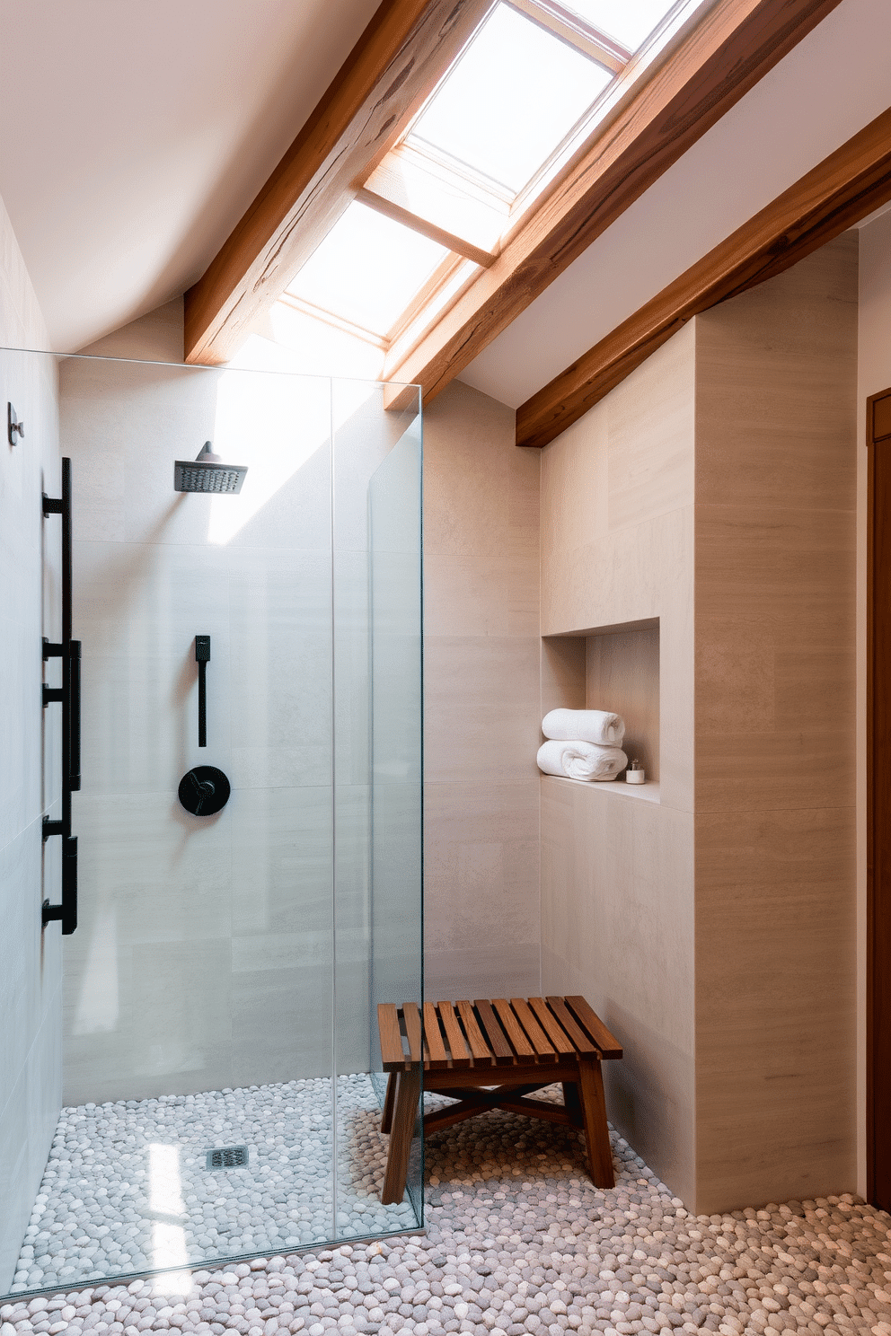 A luxurious walk-in shower with a vaulted ceiling, featuring exposed wooden beams for a rustic yet elegant touch. The walls are clad in large-format neutral stone tiles, and a sleek glass door encloses the space, allowing natural light to highlight the simple beauty of the design. Mounted on one shower wall, modern black fixtures contrast softly against the stone backdrop, while a built-in niche holds artisan soap and rolled towels. A wooden bench sits in the corner, adding warmth to the space, and the pebble-textured floor creates a spa-like feel underfoot.