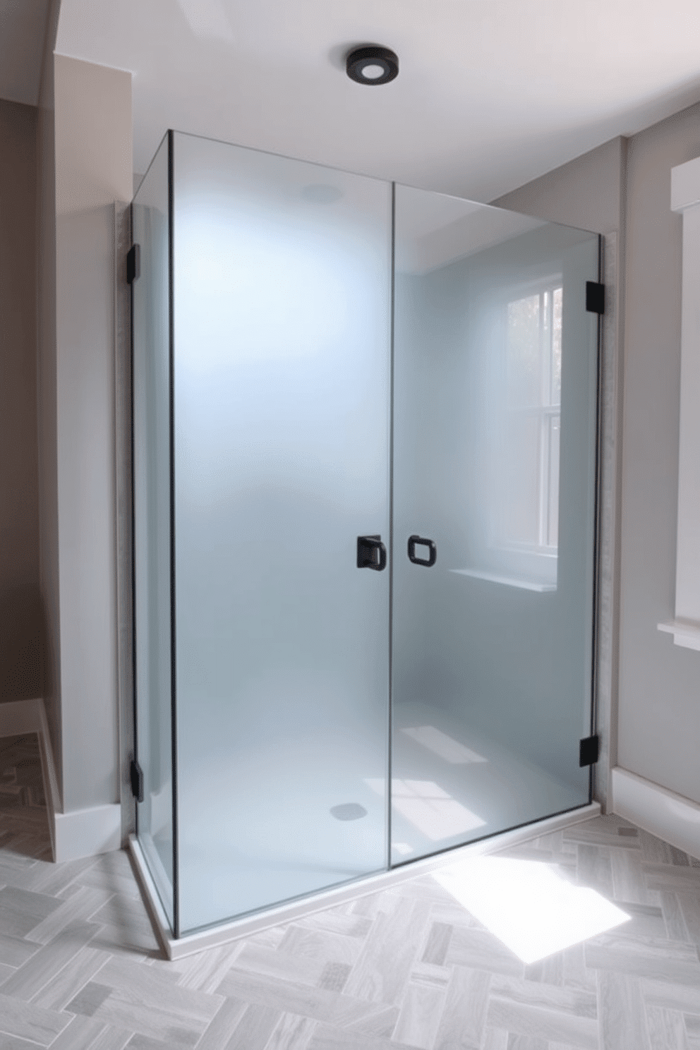 A sleek and modern walk-in shower featuring frosted glass panels for enhanced privacy. The shower area is framed with matte black fixtures, adding a bold contrast to the soft neutral-toned walls surrounding it. The floor is adorned with light gray herringbone tiles, seamlessly extending into the shower. Natural light filters through a nearby window, balancing the frosted effect and creating a serene, spa-like ambiance.