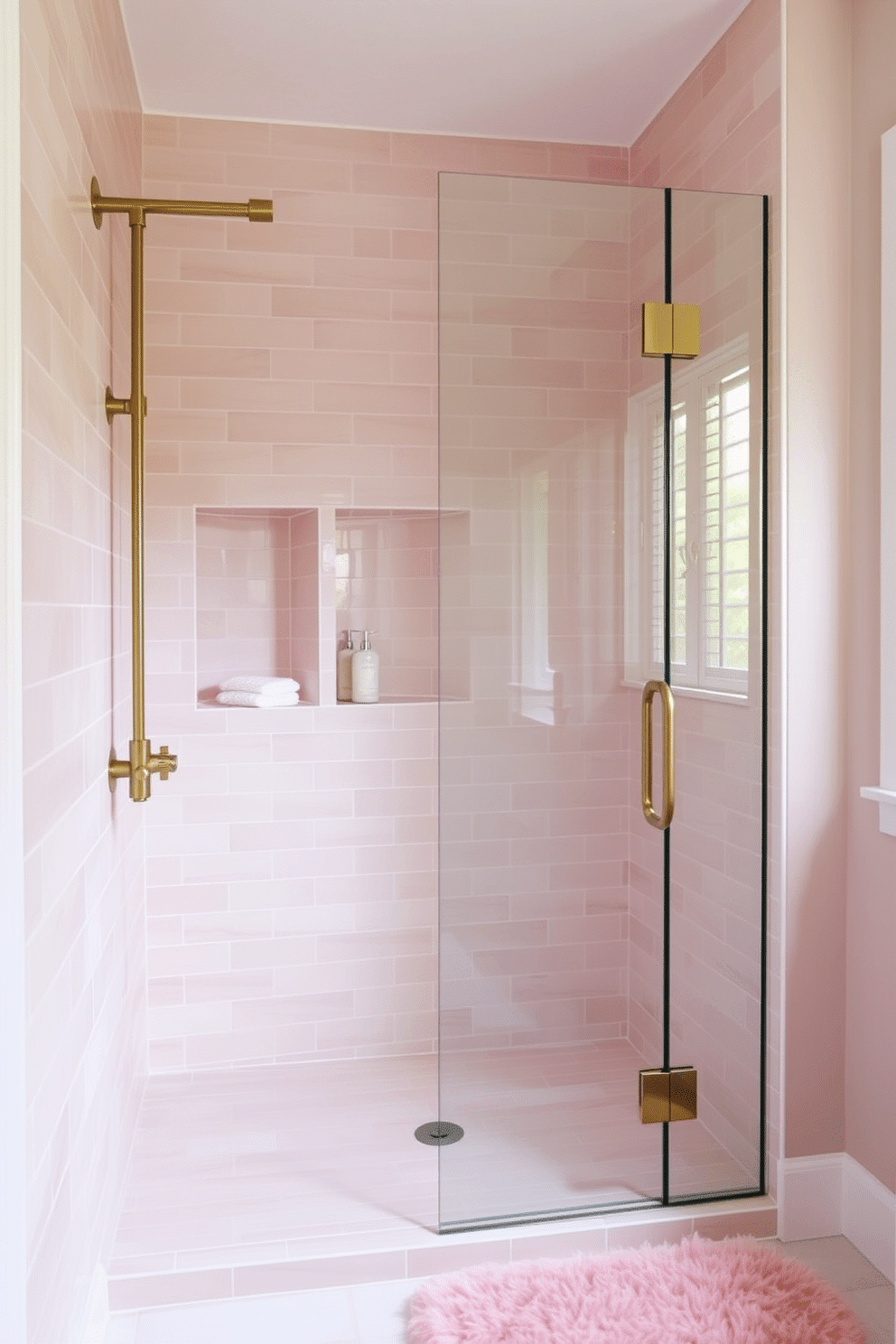 A serene walk-in shower bathroom with muted blush tones, exuding a soft and inviting aesthetic. The walls are adorned with blush-colored tiles, paired with sleek brass fixtures for a warm, understated elegance. Inside the spacious shower, a frameless glass enclosure allows the soft hues to reflect natural light beautifully. A built-in niche holds minimalist toiletries, while a plush blush bathmat adds a cozy finishing touch.