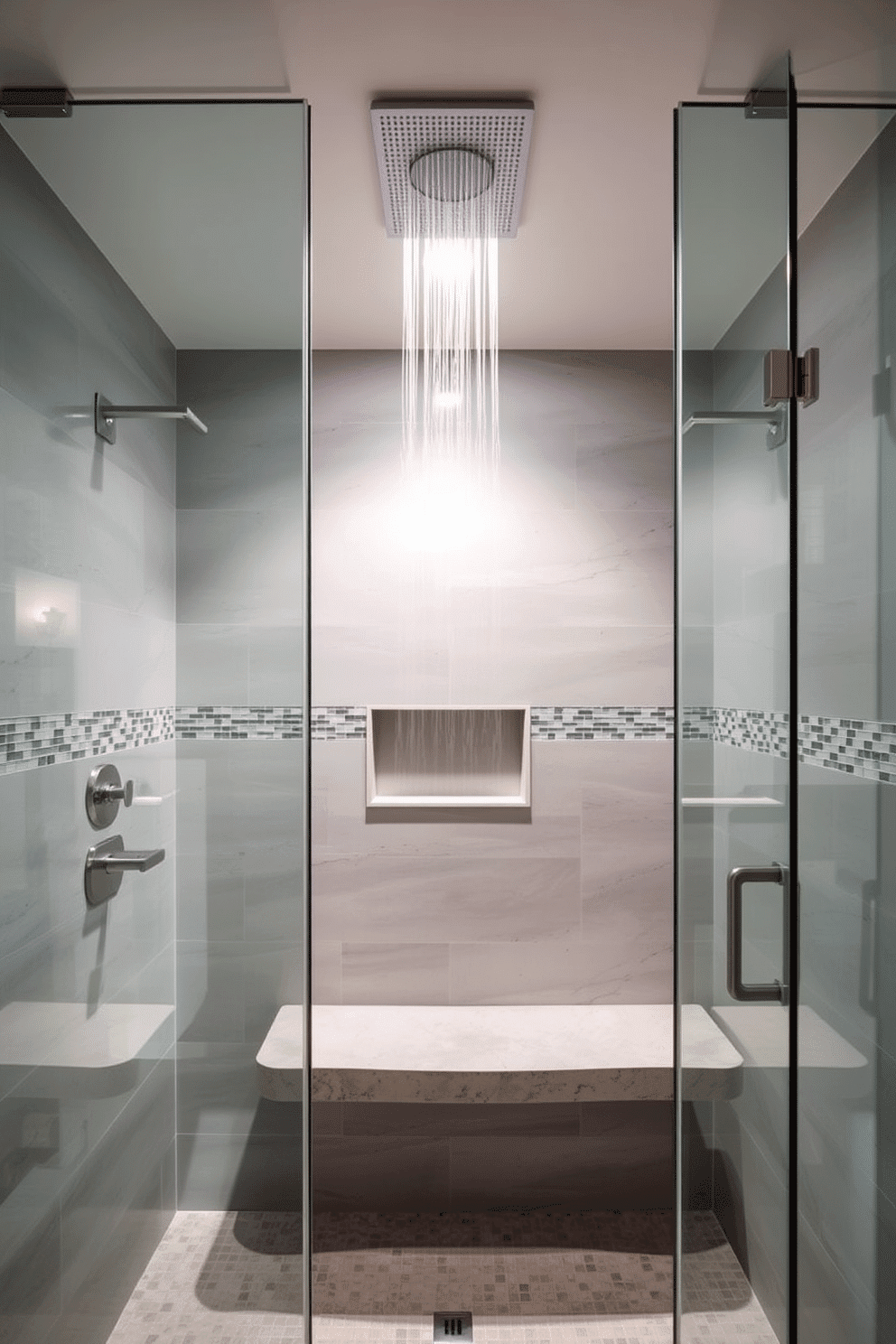 A luxurious walk-in shower with sleek glass enclosures and a rainfall showerhead mounted centrally on the ceiling, creating a spa-like experience. A built-in bench with a natural stone finish sits along the back wall, offering both functionality and elegance. The wall tiles feature a soft gray matte finish, complemented by a mosaic accent strip running horizontally at eye level. A recessed shelf offers storage for toiletries, while soft lighting enhances the serene and inviting atmosphere.