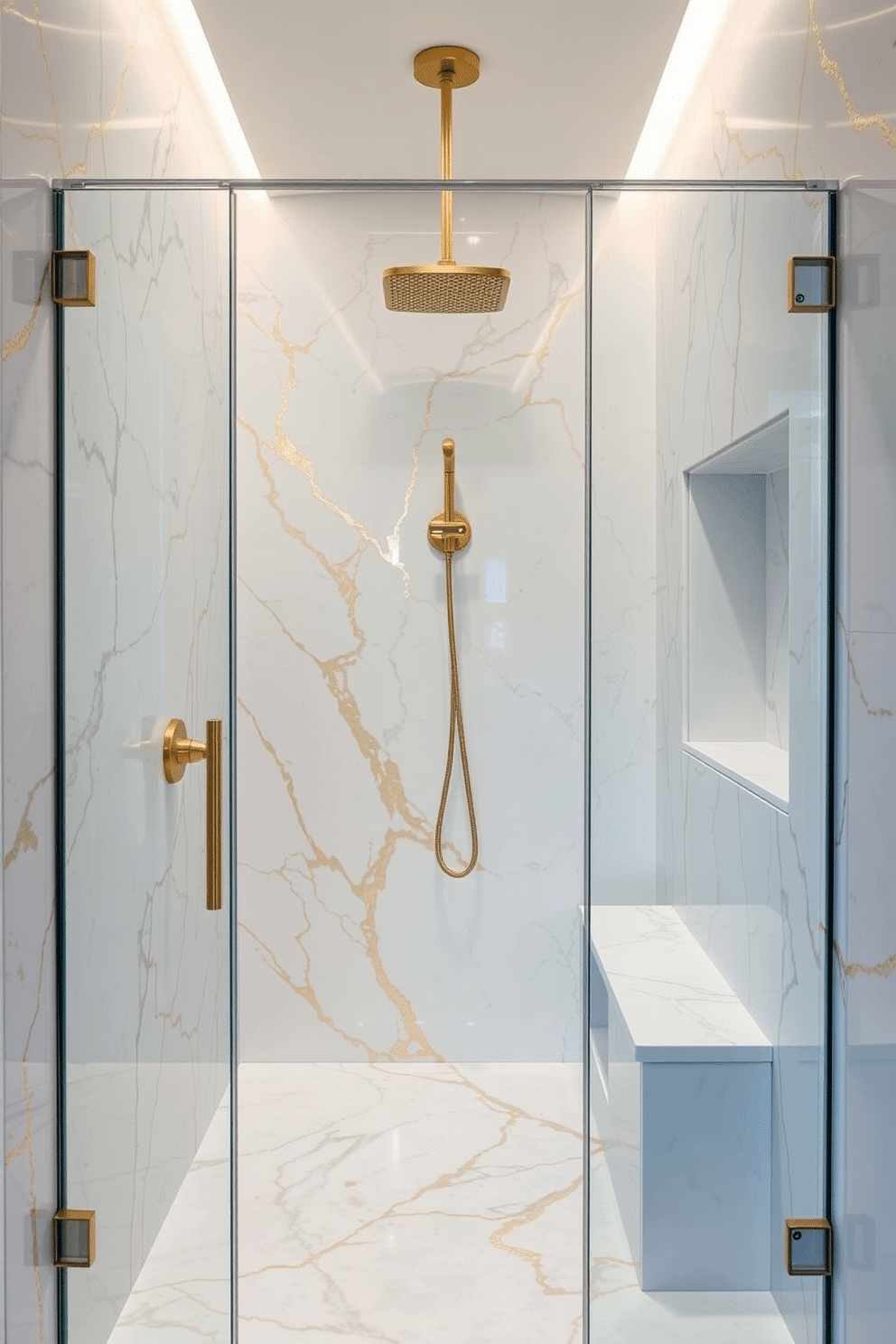 A glamorous walk-in shower exuding luxury, with walls clad in white marble veined with gold streaks that shimmer under soft lighting. The centerpiece is a sleek gold rain showerhead paired with matching gold fixtures, adding an opulent touch. The shower is framed by an elegant frameless glass enclosure, reflecting the luminous tones of the space. A built-in marble bench and recessed shelving provide both comfort and functionality, completing the high-end design.