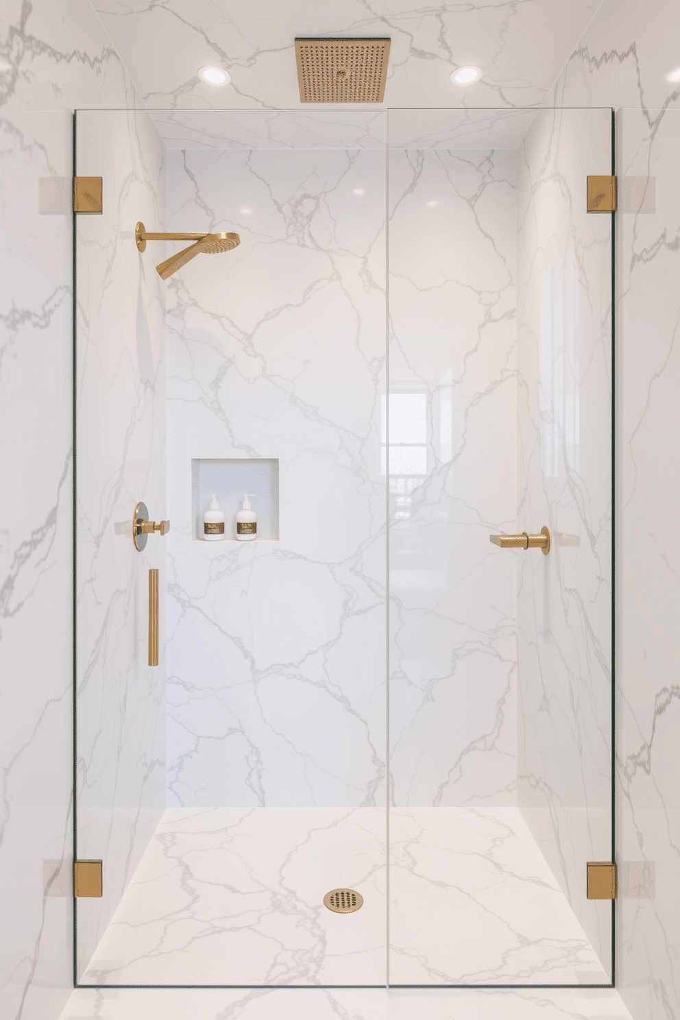 An opulent walk-in shower enclosure crafted entirely from veined white marble, exuding minimalist luxury. Polished brass fixtures and a sleek rainfall showerhead add a warm metallic contrast, while frameless glass panels create an open and airy feel. The floor blends seamlessly with the marble walls, designed with subtly textured tiles to prevent slipping. Recessed shelf niches hold monochromatic soap bottles, while soft ambient lighting enhances the natural beauty of the marble's patterns.