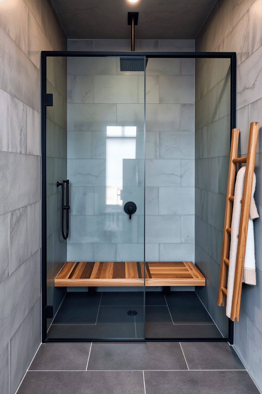 An industrial-inspired bathroom with concrete-textured walls, exuding raw sophistication. The walk-in shower is encased with sleek, black-framed glass panels, showcasing a matte black rain showerhead alongside industrial-style faucets. The floor features large-format slate tiles seamlessly transitioning into the shower area, enhancing the minimalist aesthetic. Soft LED strip lighting illuminates the space, while subtle wooden accents, like a floating teak shower bench and a rustic towel ladder, add warmth to the setting.