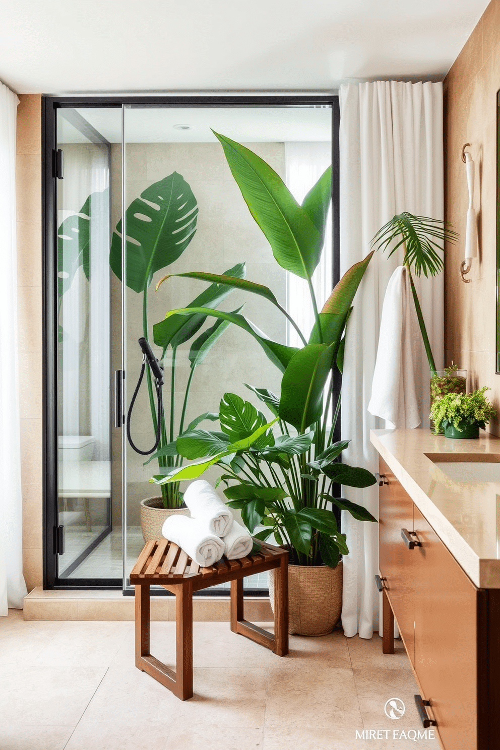 A serene bathroom space inspired by tropical charm. The walk-in shower features floor-to-ceiling glass panels framed in sleek black metal, paired with large-format stone tiles in soft beige tones for an earthy vibe. Lush tropical plants, including monstera and ferns, are strategically placed near the shower and by the vanity, adding a verdant freshness to the room. A wood slatted bench with rolled white towels sits nearby, while natural light filters through sheer white curtains, completing the spa-like atmosphere.