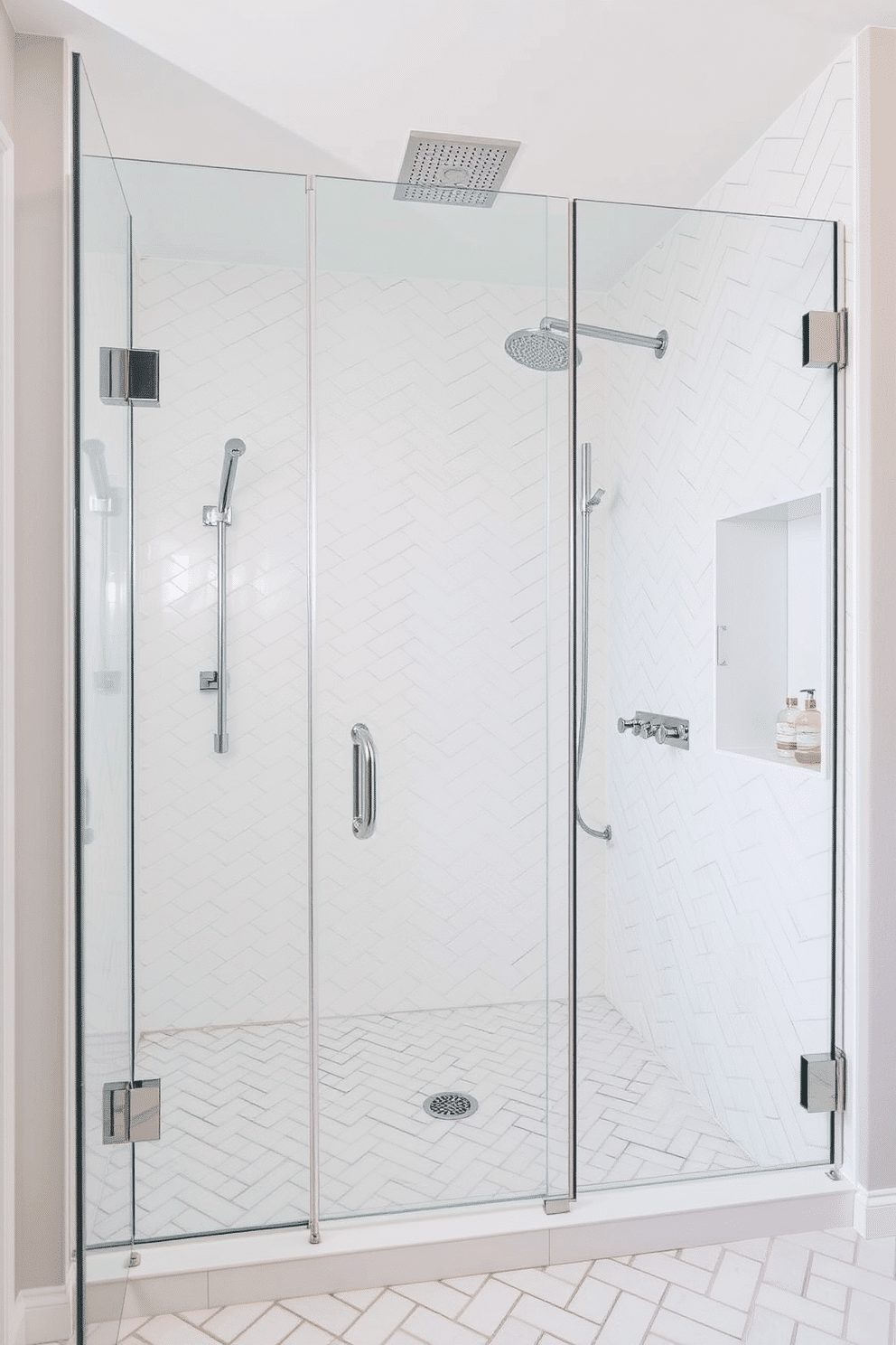 A luxurious bathroom showcasing a walk-in shower with pristine white herringbone tiles stretching from floor to ceiling, creating a timeless and elegant aesthetic. Chrome fixtures, including a rainfall showerhead and sleek handheld attachment, add a modern touch of sophistication to the design. The shower is enclosed by frameless glass panels, highlighting the intricate tile work within the space. The floor features matching herringbone tiles, seamlessly enhancing the cohesive look, while a built-in niche holds spa-like bath essentials for added functionality and style.