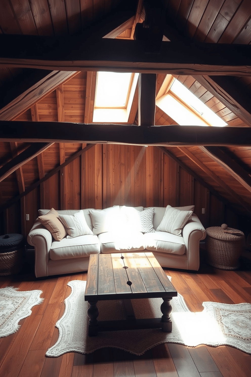 Cozy wooden beams create a rustic charm in this attic room, enhancing the warm and inviting atmosphere. The space features a plush, oversized sofa adorned with textured throw pillows, nestled beneath the exposed beams that add character and depth. Natural light floods the room through strategically placed skylights, illuminating the rich wooden flooring and creating a serene ambiance. A vintage wooden coffee table sits in the center, surrounded by soft area rugs that complement the rustic aesthetic.