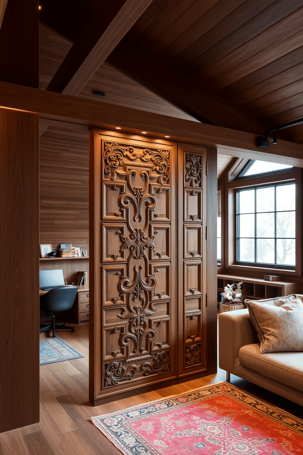 A stylish wooden partition divides the living area from the workspace, featuring intricate carvings that add a touch of elegance. The partition is complemented by soft lighting that highlights its natural grain, creating a warm and inviting atmosphere. The attic room is designed with sloped wooden ceilings, adorned with exposed beams that enhance its rustic charm. Cozy furnishings, including a plush sofa and a vintage rug, create a comfortable retreat, while large windows allow natural light to flood the space.