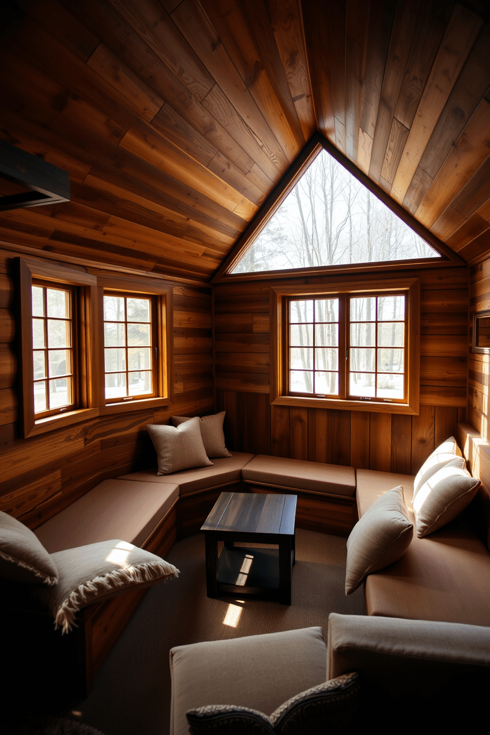 A cozy wooden attic room features built-in wooden benches for seating, creating a warm and inviting atmosphere. The walls are adorned with rustic wood paneling, and large windows allow natural light to flood the space, highlighting the rich textures of the wood. The benches are cushioned with soft, neutral-toned fabrics, providing comfort and style. A small coffee table sits in front of the benches, surrounded by plush throw pillows, making it an ideal spot for relaxation or reading.