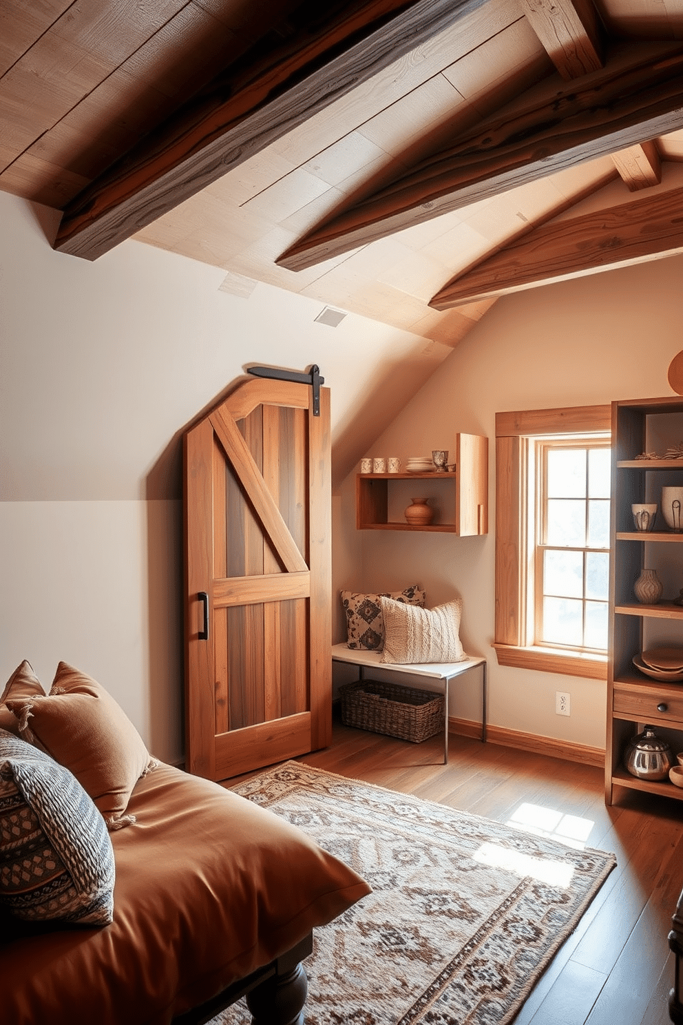 A cozy attic room featuring wooden sliding doors that seamlessly blend into the rustic decor. The room is adorned with exposed beams, soft lighting, and a plush area rug, creating an inviting atmosphere. The design includes a comfortable seating area by a window, with cushions in warm earth tones. Shelving units made of reclaimed wood provide both storage and a display for personal items, enhancing the room's charm.