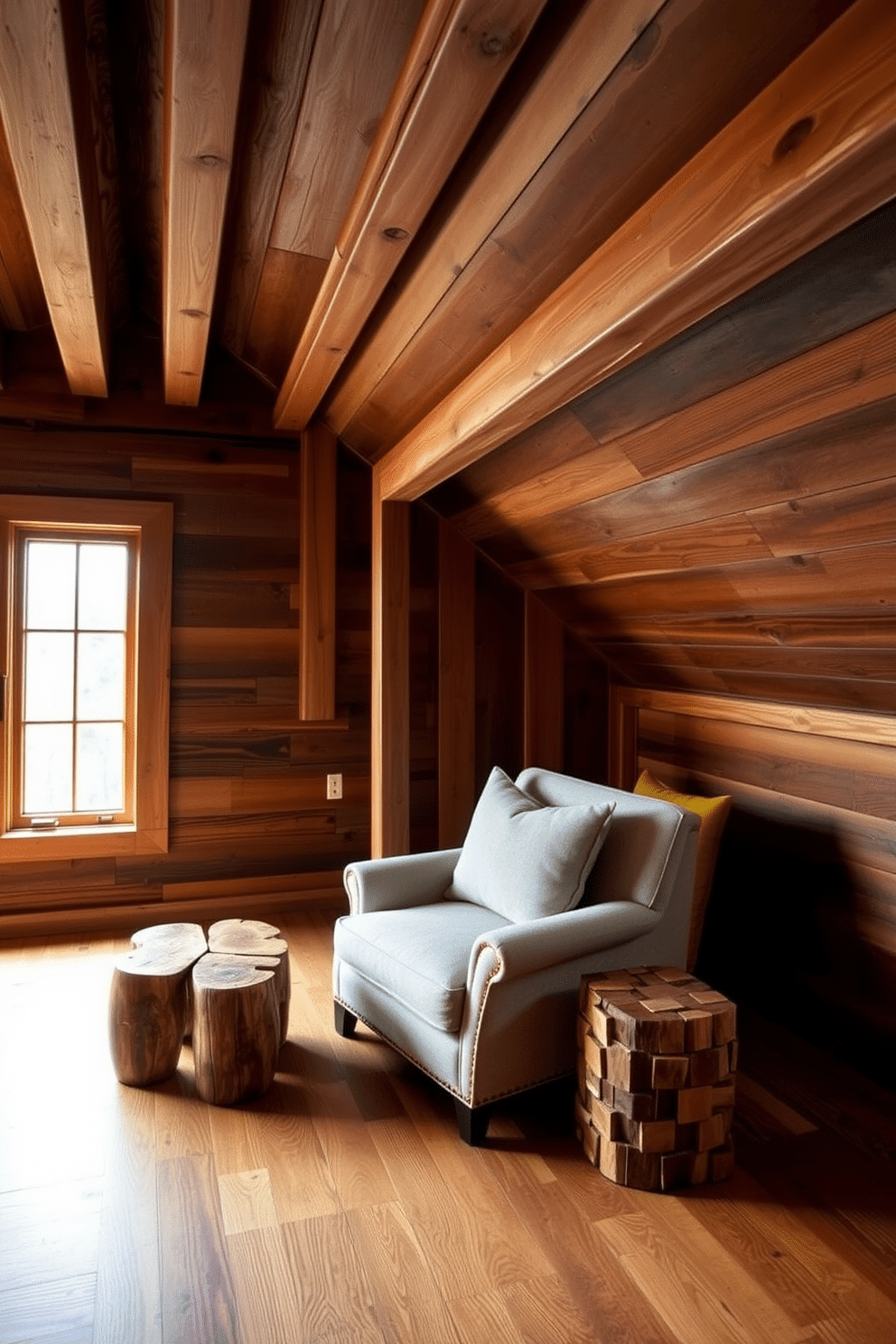 A cozy wooden attic room featuring layered wood textures that create depth and warmth. Exposed beams line the ceiling, while the walls are adorned with rich, dark wood paneling that contrasts with lighter wooden flooring. In one corner, a plush armchair upholstered in a soft fabric invites relaxation, accompanied by a small side table made of reclaimed wood. A large window allows natural light to flood the space, highlighting the intricate grain patterns of the wood elements.