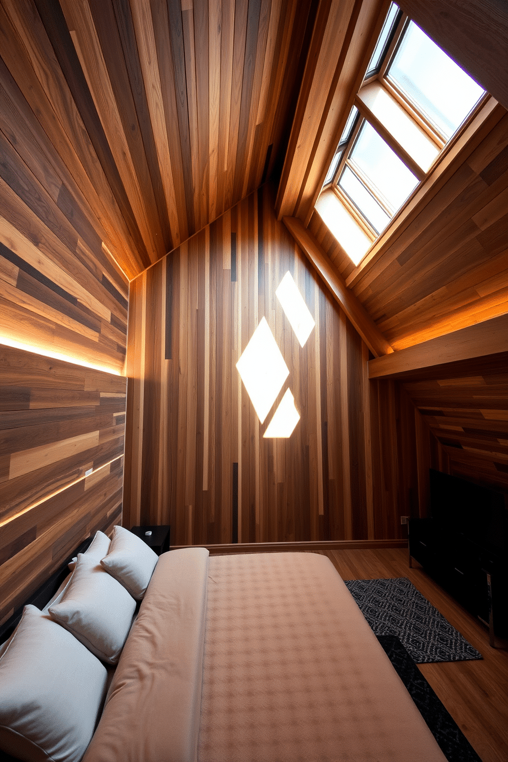 A stunning wooden accent wall serves as the focal point of the room, showcasing rich textures and warm tones that enhance the cozy atmosphere. The wall is complemented by soft ambient lighting, creating a welcoming and intimate space perfect for relaxation. In the wooden attic room, sloped ceilings add character, while strategically placed skylights flood the area with natural light. The design features a blend of rustic wooden beams and modern furnishings, creating a harmonious balance between traditional charm and contemporary style.
