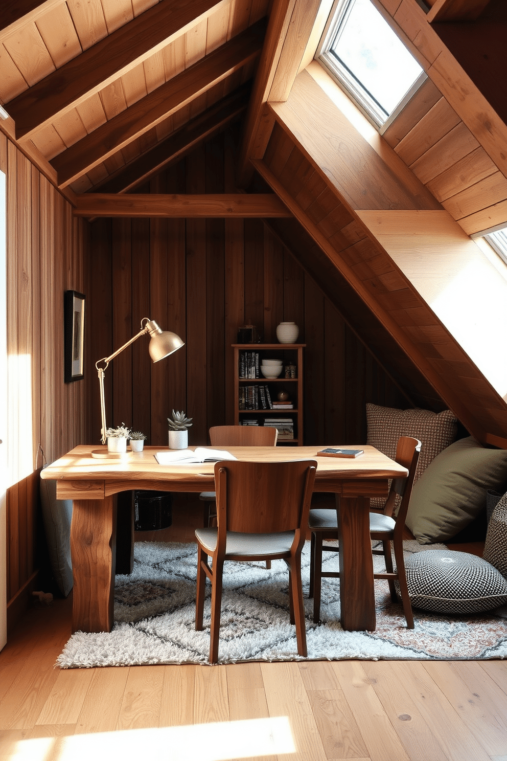 A rustic wooden desk sits in a cozy workspace, featuring a natural finish that highlights the grain and knots of the wood. The desk is adorned with a vintage brass lamp and a few potted succulents, creating a warm and inviting atmosphere. The wooden attic room exudes charm with exposed beams and a sloped ceiling, bathed in soft, natural light. A plush area rug lies beneath a seating area, complemented by a mix of comfortable cushions and a small bookshelf filled with curated reads.