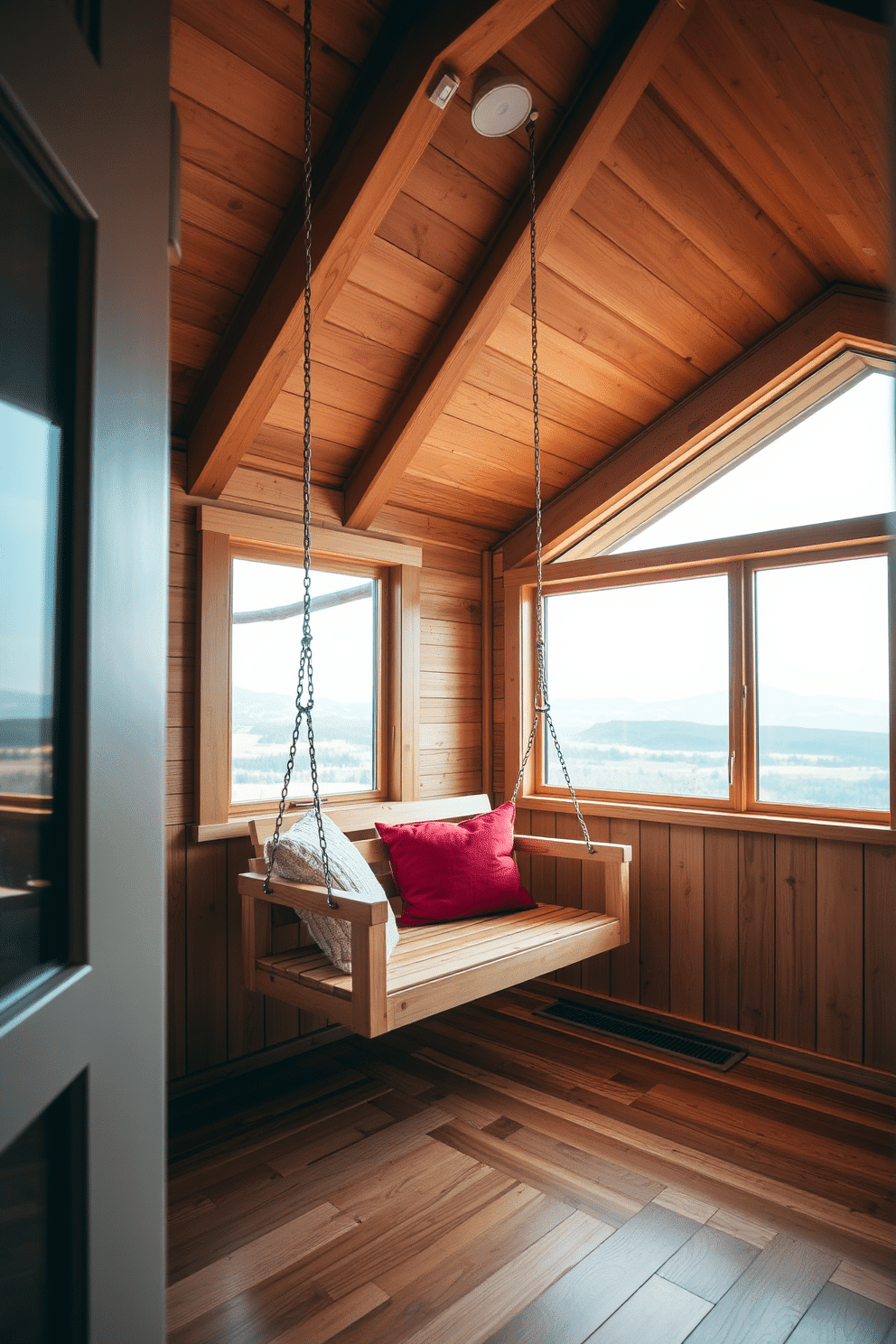 A cozy wooden attic room features a playful wooden swing chair suspended from the ceiling beams, inviting relaxation and fun. The walls are clad in warm, natural wood, complemented by soft, ambient lighting that enhances the room's inviting atmosphere. The swing chair is adorned with plush cushions in vibrant colors, adding a cheerful touch to the rustic design. Large windows allow natural light to flood the space, offering stunning views of the surrounding landscape and creating a bright, airy feel.