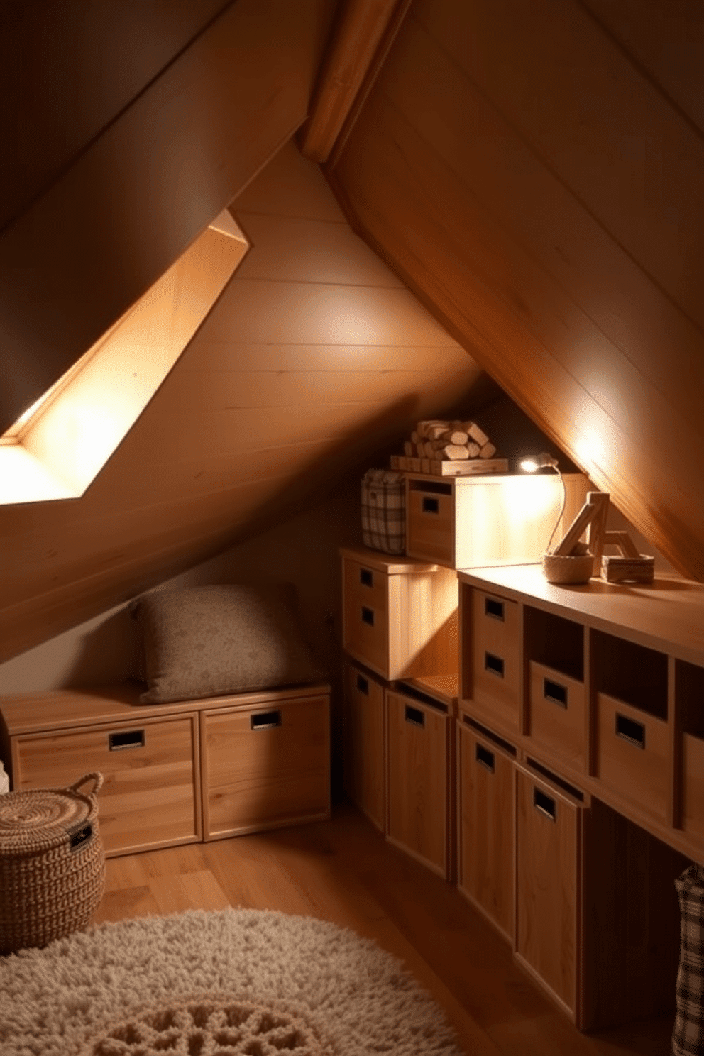 A cozy attic room featuring wooden storage boxes for organization. The space is adorned with sloped ceilings and warm, natural wood tones, creating a serene retreat. The wooden storage boxes are neatly arranged along the walls, providing both functionality and charm. Soft, ambient lighting enhances the inviting atmosphere, while a plush area rug adds comfort underfoot.
