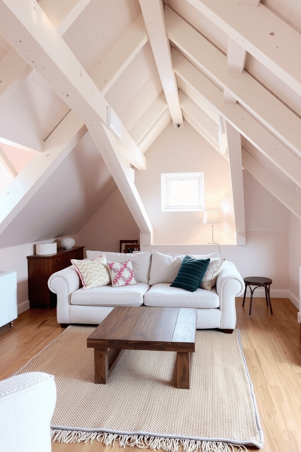 A cozy attic room featuring wooden beams painted white, enhancing the sense of brightness and space. The walls are adorned with soft, pastel colors, and plush furnishings create a welcoming atmosphere. Beneath the beams, a comfortable seating area includes a stylish sofa with colorful throw pillows. A rustic wooden coffee table sits in the center, complemented by a warm area rug that adds texture to the room.