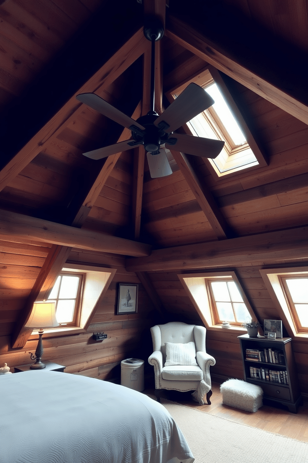 A cozy attic room featuring a wooden ceiling fan that enhances rustic functionality. The room is adorned with exposed wooden beams, warm lighting, and plush furnishings that create an inviting atmosphere. Natural light filters through skylights, illuminating the rich textures of the wood and the soft fabrics used in the decor. A comfortable reading nook with a vintage armchair and a small bookshelf adds charm to this serene space.