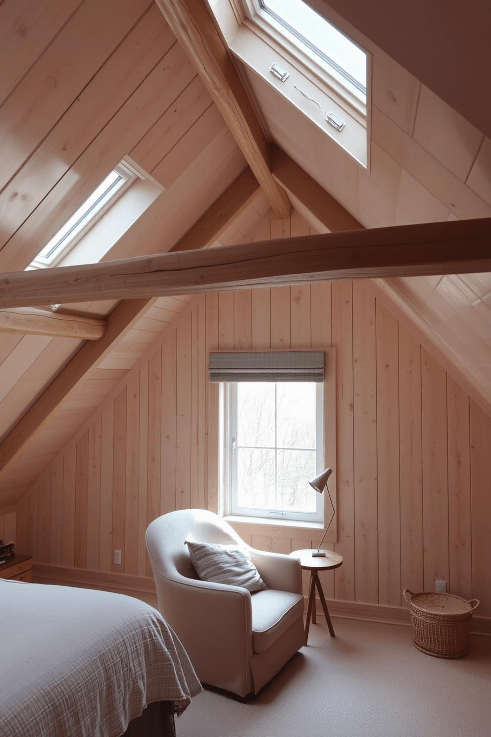 Light wood paneling creates an airy and inviting atmosphere in the attic room. The space features sloped ceilings adorned with exposed beams, enhancing the rustic charm while allowing natural light to flood in through strategically placed skylights. A cozy reading nook is nestled by the window, furnished with a plush armchair and a small side table. Soft textiles in neutral tones complement the light wood, creating a harmonious and serene retreat.