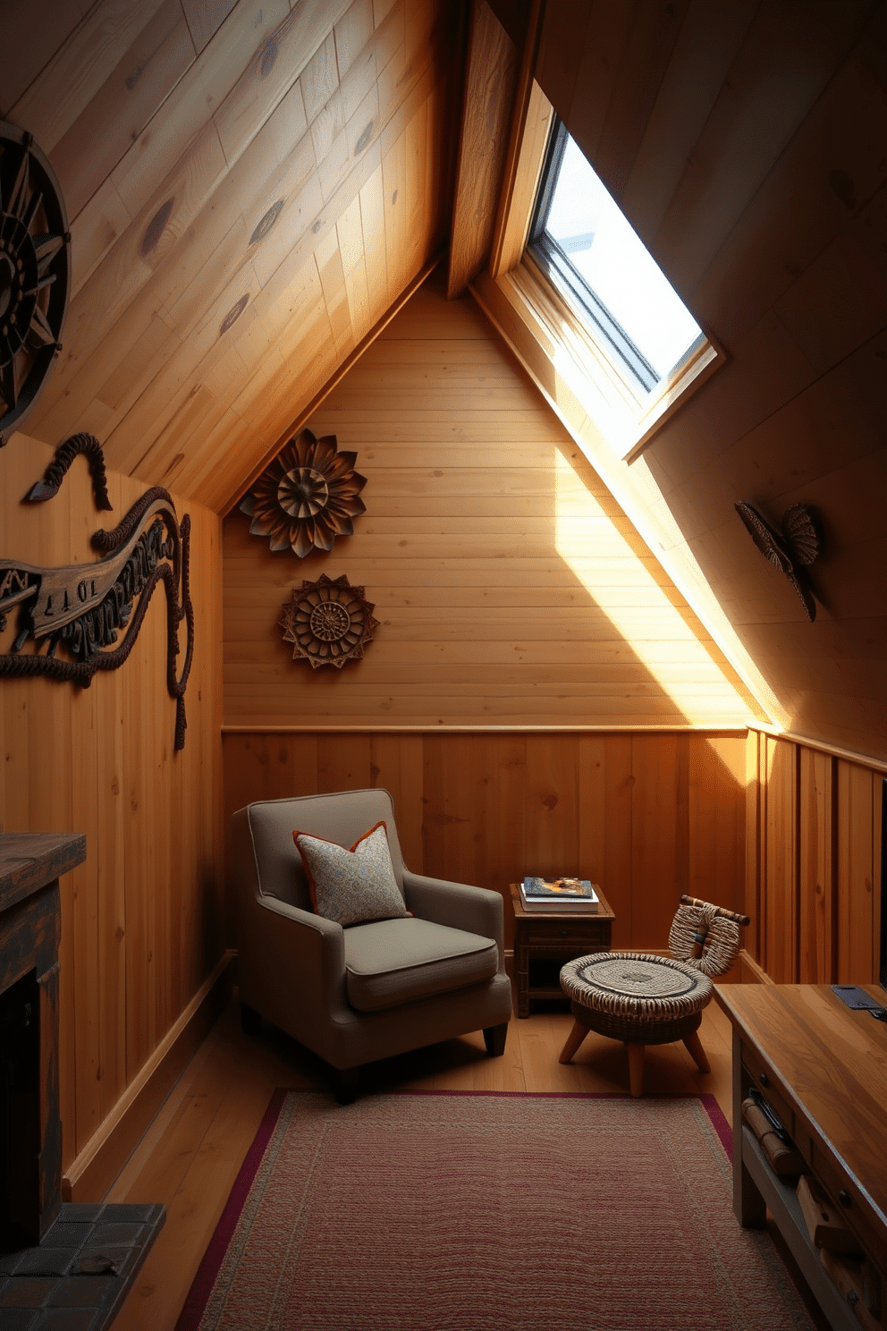 A cozy attic room featuring beautifully crafted wooden wall art that adds a personal touch to the space. The walls are adorned with intricate wood carvings, while natural light pours in through a skylight, illuminating the warm wooden beams and rustic furniture. The design includes a comfortable reading nook with a plush armchair and a small wooden side table. A soft area rug in earthy tones complements the wooden elements, creating an inviting and serene atmosphere.