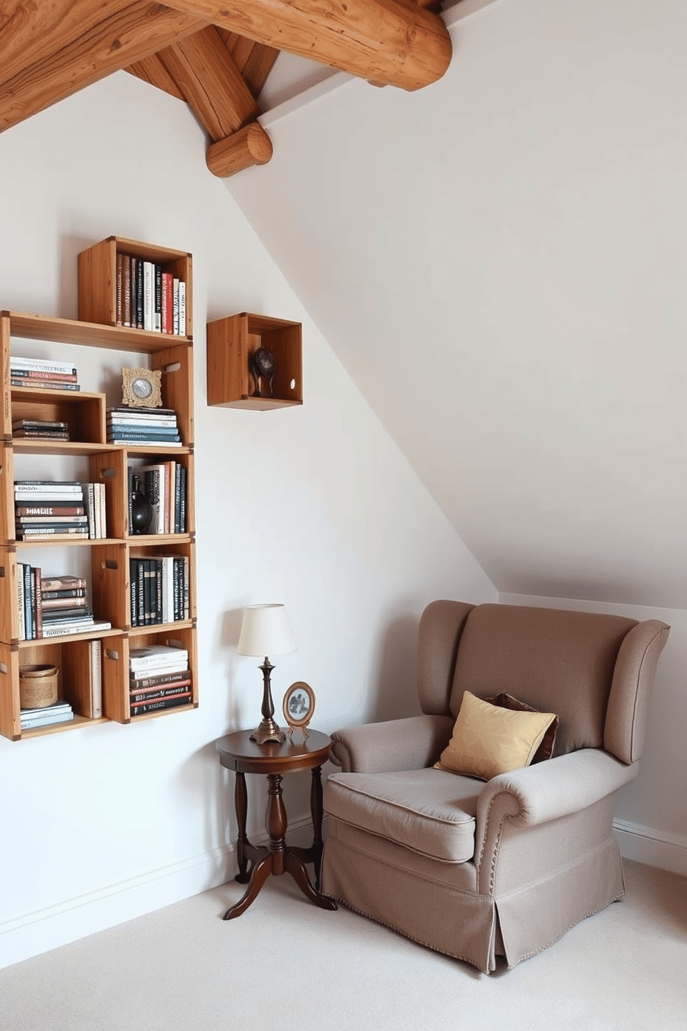 A cozy attic room features unique shelving made from wooden crates, creatively arranged to display books and decorative items. The walls are painted in a soft white, complementing the rustic charm of the exposed wooden beams above. The room is furnished with a plush, oversized armchair in a muted fabric, inviting relaxation and comfort. A small, round wooden table sits beside it, adorned with a vintage lamp and a few personal mementos, enhancing the intimate atmosphere.