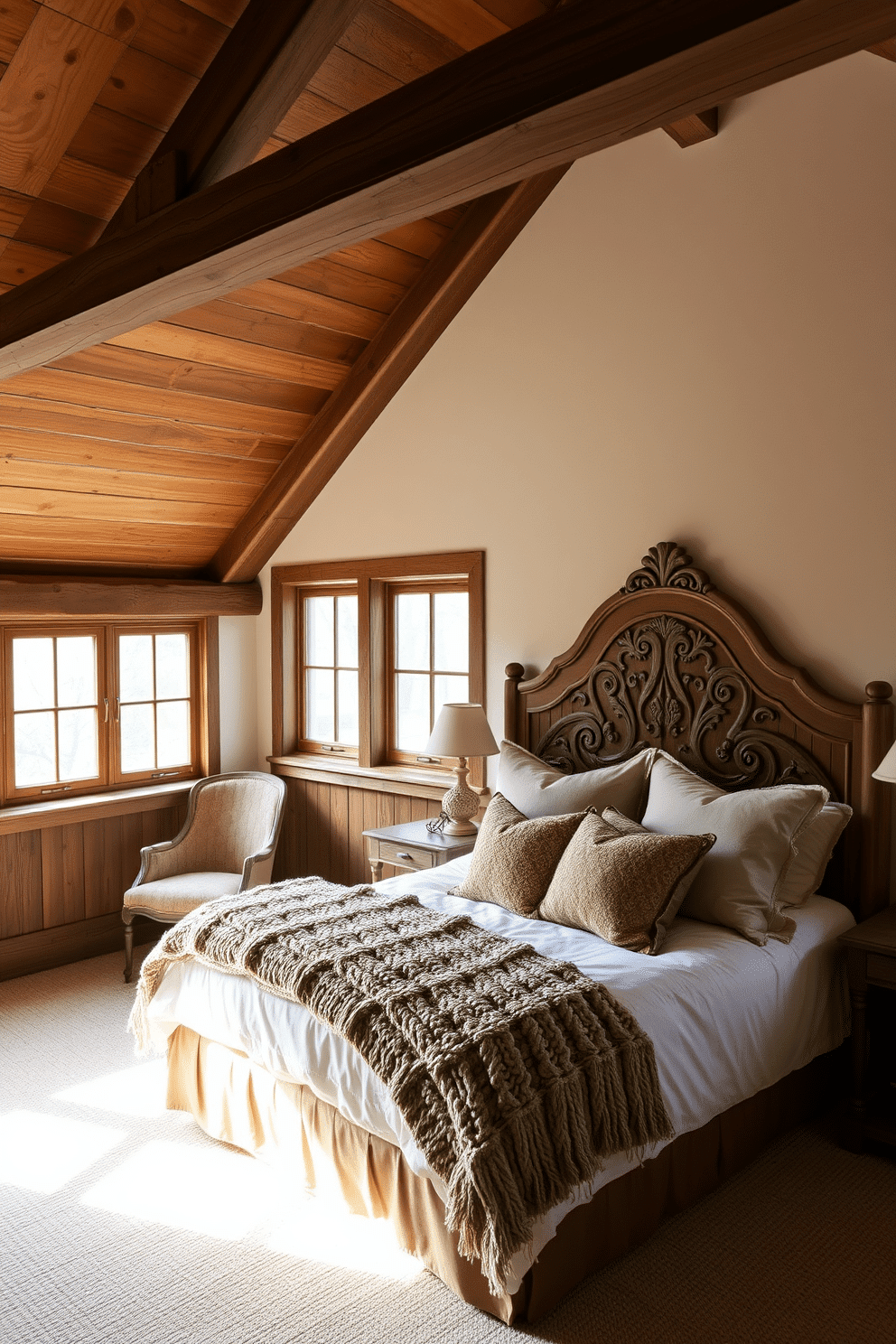 A cozy bedroom features a wooden headboard with intricate carvings, creating a warm focal point against the soft, neutral wall color. The bedding is layered with plush textures, including a chunky knit throw and an assortment of decorative pillows in earthy tones. The wooden attic room design showcases exposed beams and a sloped ceiling, enhancing the rustic charm of the space. Large windows allow natural light to flood in, illuminating a comfortable reading nook with a vintage armchair and a small bookshelf.