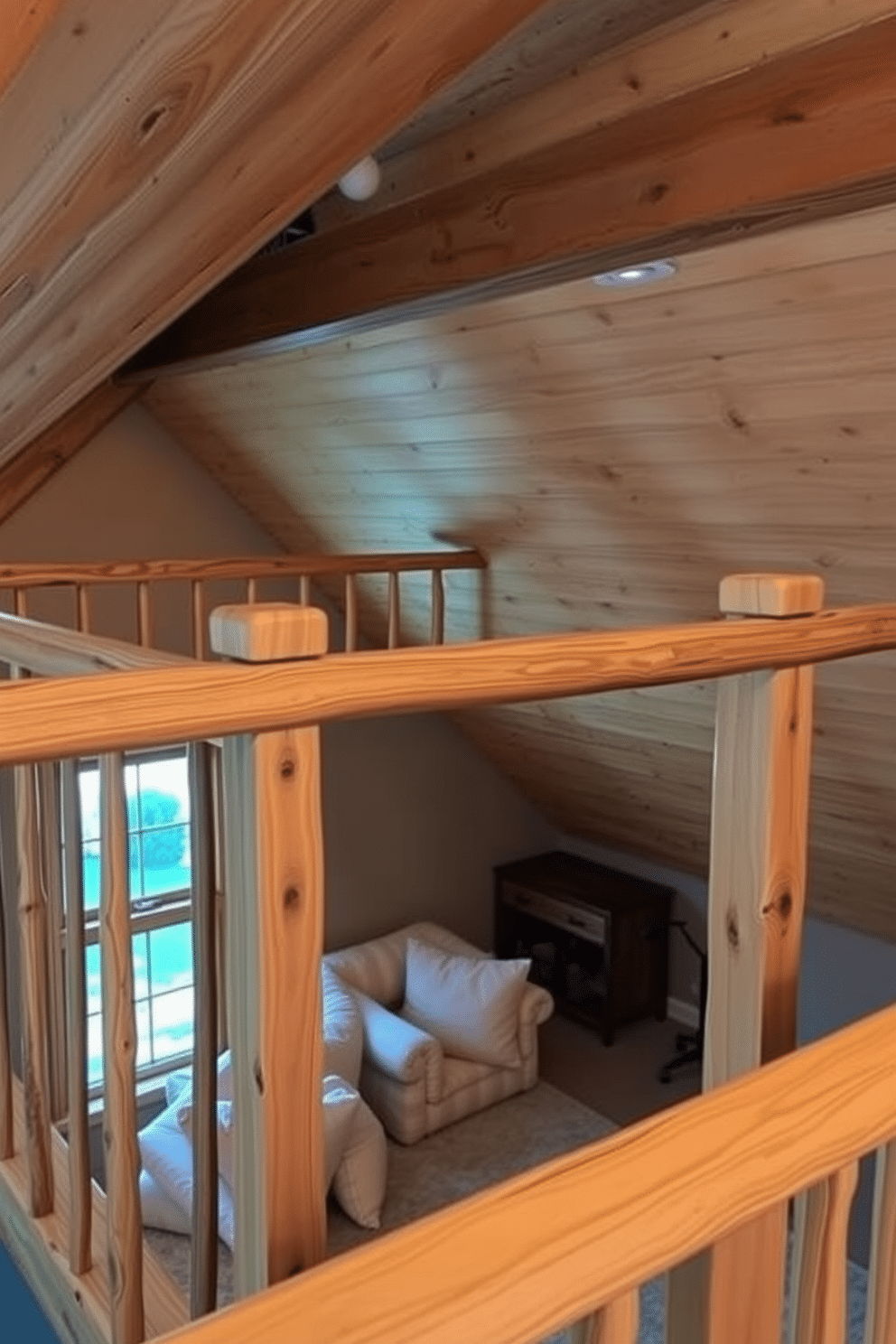 A cozy lofted area featuring wooden railings that provide safety while enhancing the rustic charm of the space. The railings are crafted from reclaimed wood, showcasing natural knots and grains, and are complemented by soft ambient lighting that creates a warm atmosphere. The attic room is designed with sloped ceilings adorned with exposed wooden beams, giving it a spacious yet intimate feel. A plush seating area with oversized cushions invites relaxation, while a small wooden desk by the window offers a perfect spot for work or reading.