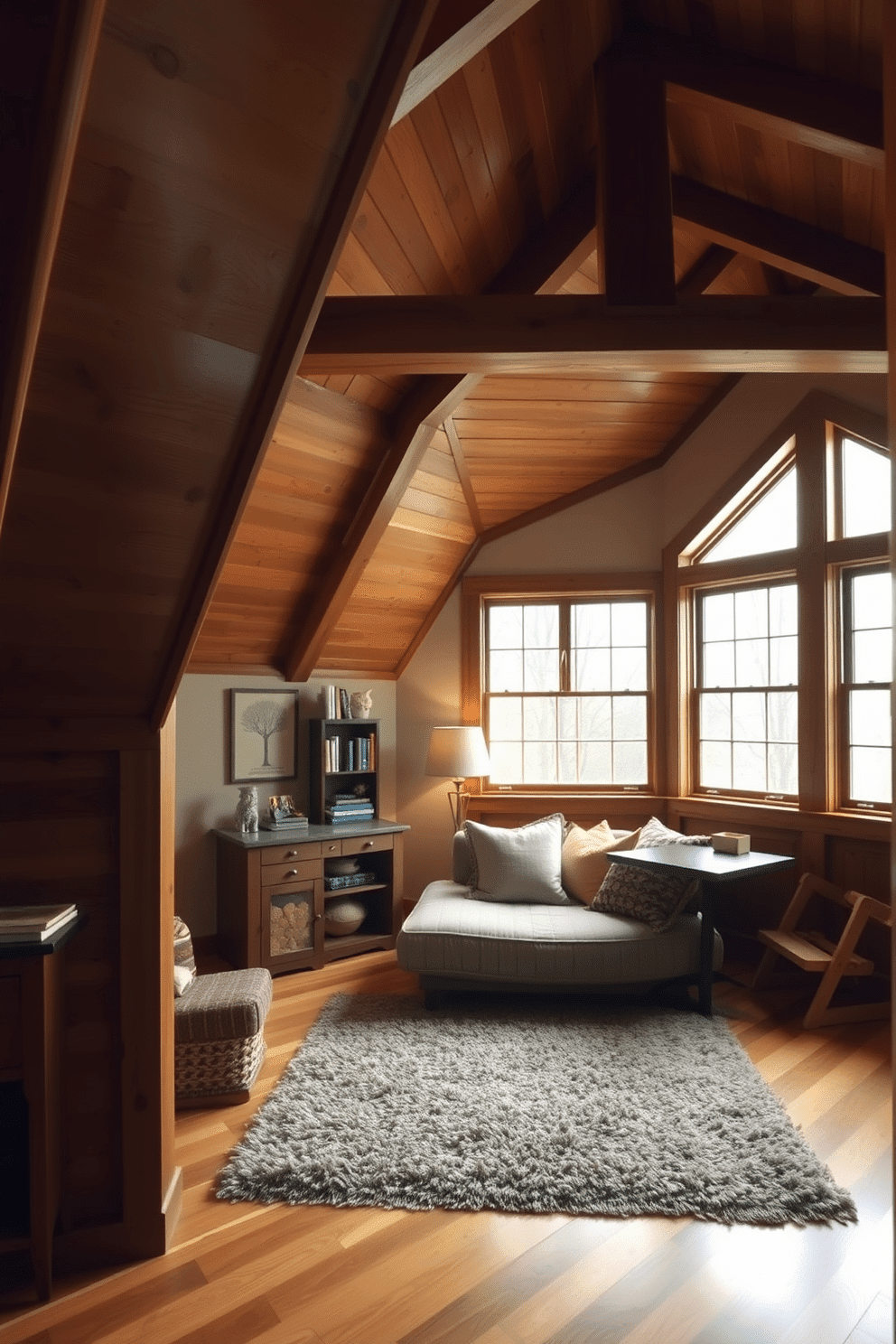 A cozy wooden attic room featuring exposed beams and polished wooden trim that enhances the rustic charm. The space is adorned with a plush area rug, a comfortable seating nook with oversized cushions, and large windows that invite natural light. The walls are painted in a soft, warm hue to complement the rich wood tones. A small desk is positioned near the window, providing a perfect spot for reading or working, while decorative shelves display books and personal mementos.