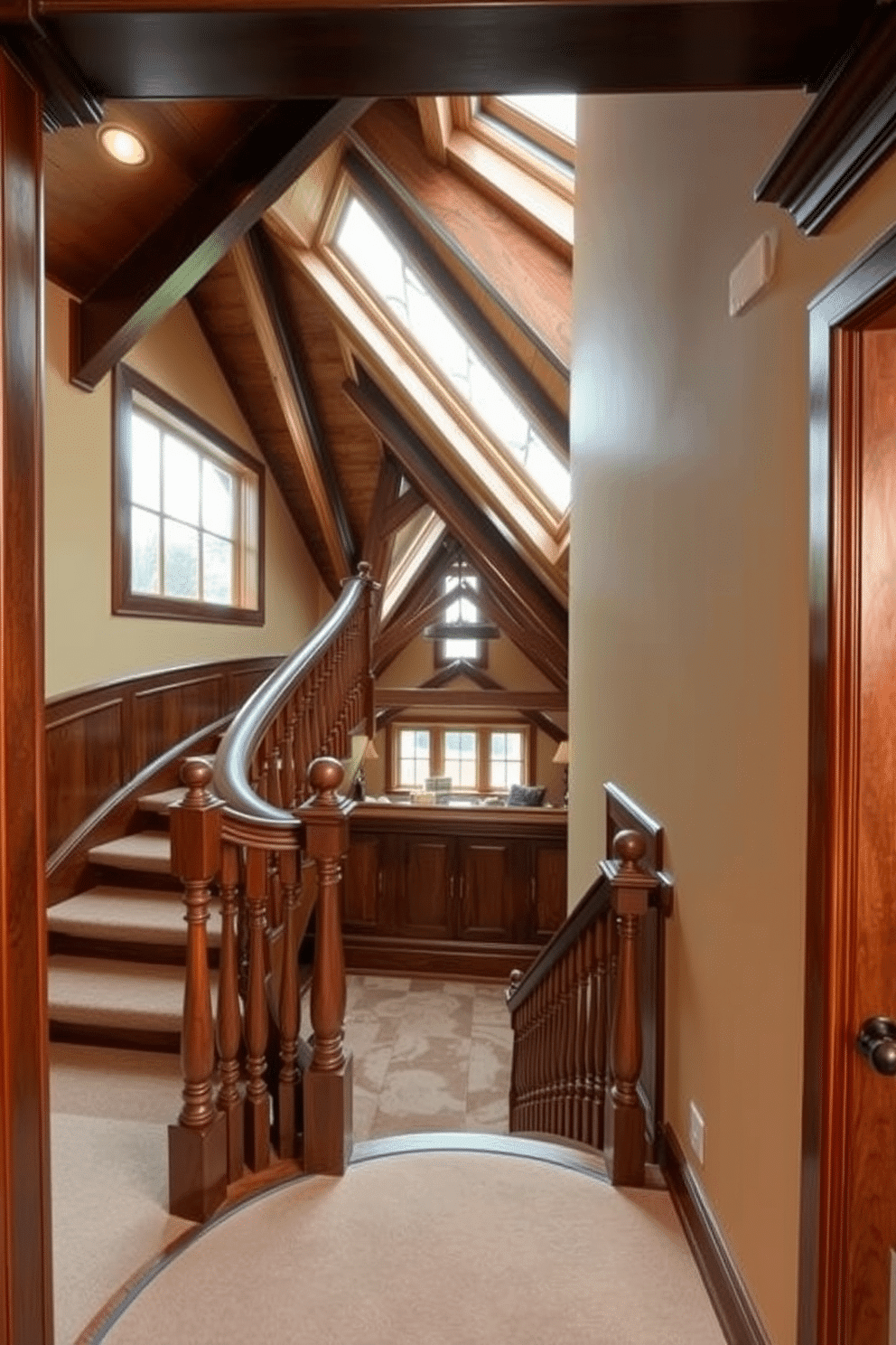A stunning wooden staircase gracefully curves upward, showcasing intricate balusters and a polished handrail that reflects the warm glow of ambient lighting. The staircase is framed by rich, dark wood paneling that adds a touch of sophistication to the entryway. The attic room features exposed wooden beams that create a cozy, rustic atmosphere, complemented by large skylights that flood the space with natural light. Soft, neutral furnishings and a plush area rug enhance the inviting ambiance, making it a perfect retreat for relaxation or creativity.