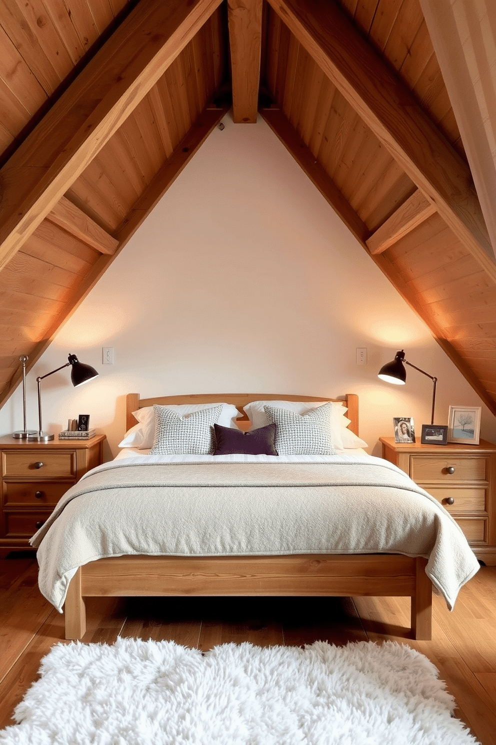 A cozy attic room featuring wooden nightstands on either side of a plush bed. The nightstands are adorned with stylish lamps and personal decor, creating a warm and inviting atmosphere. The room showcases exposed wooden beams and a sloped ceiling, enhancing its rustic charm. Soft, neutral tones complement the wooden elements, while a plush area rug adds comfort underfoot.