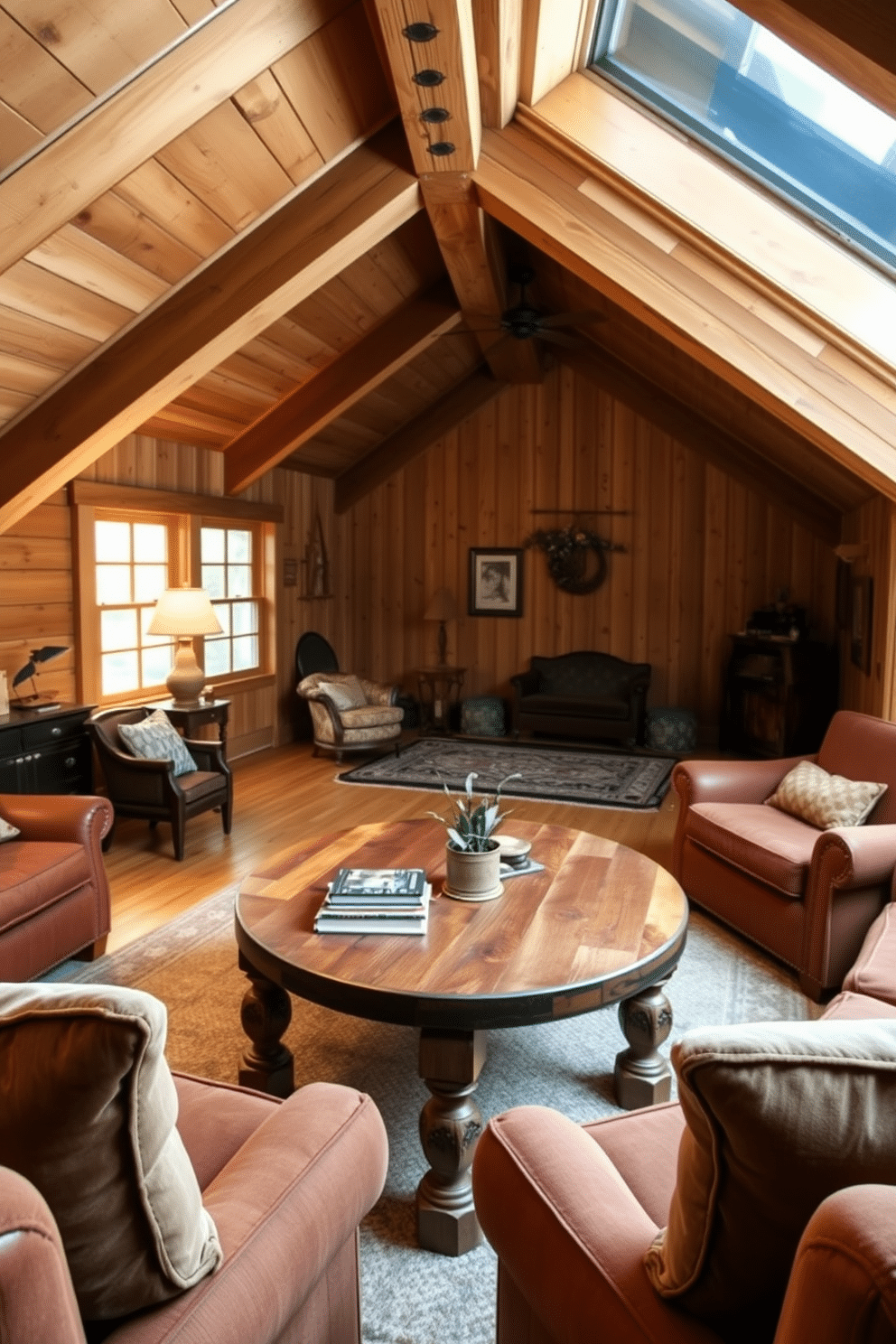 A warm and inviting gathering space features a beautifully crafted wooden coffee table at its center, surrounded by plush seating that encourages conversation. The table showcases a rustic finish, adorned with decorative books and a small plant, creating a cozy focal point. The wooden attic room design embraces a charming, rustic aesthetic with exposed beams and soft, ambient lighting. A comfortable seating area with vintage furniture complements the warm wood tones, while large windows invite natural light to fill the space.